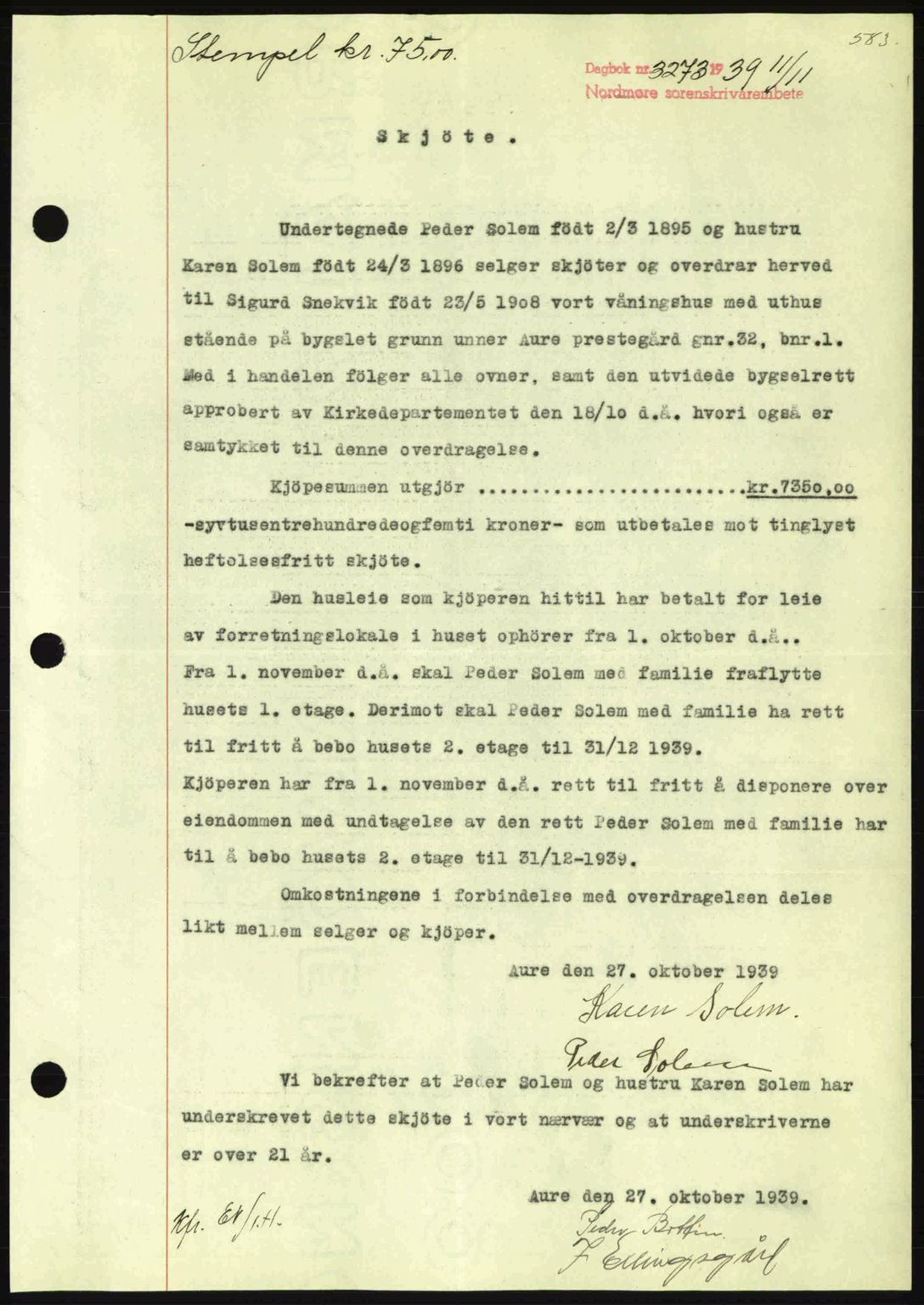 Nordmøre sorenskriveri, SAT/A-4132/1/2/2Ca: Pantebok nr. A87, 1939-1940, Dagboknr: 3273/1939