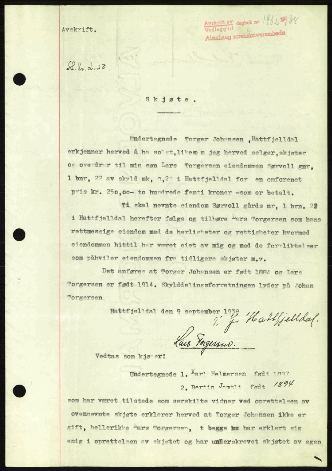 Alstahaug sorenskriveri, SAT/A-1009: Pantebok nr. A3, 1937-1938, Dagboknr: 1432/1938