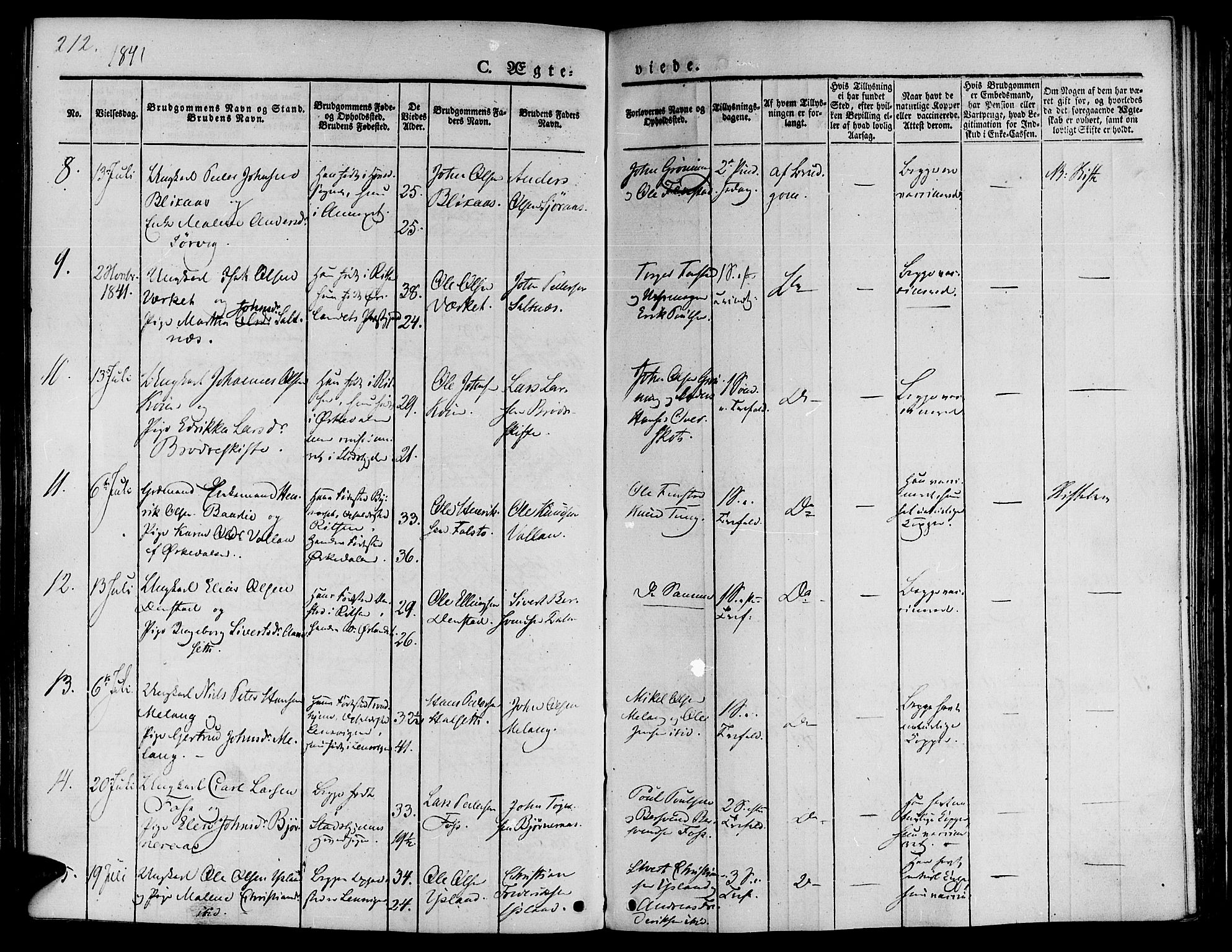 Ministerialprotokoller, klokkerbøker og fødselsregistre - Sør-Trøndelag, AV/SAT-A-1456/646/L0610: Ministerialbok nr. 646A08, 1837-1847, s. 212