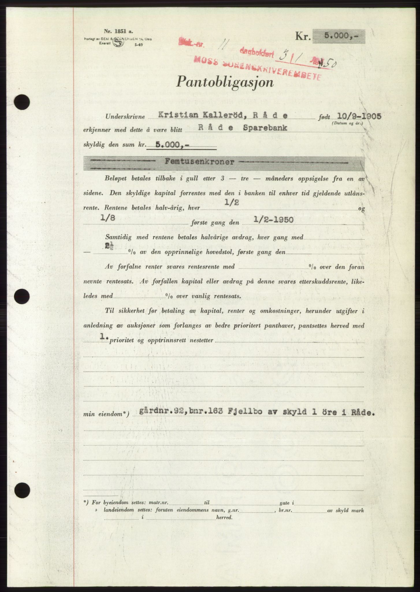 Moss sorenskriveri, SAO/A-10168: Pantebok nr. B23, 1949-1950, Dagboknr: 11/1950