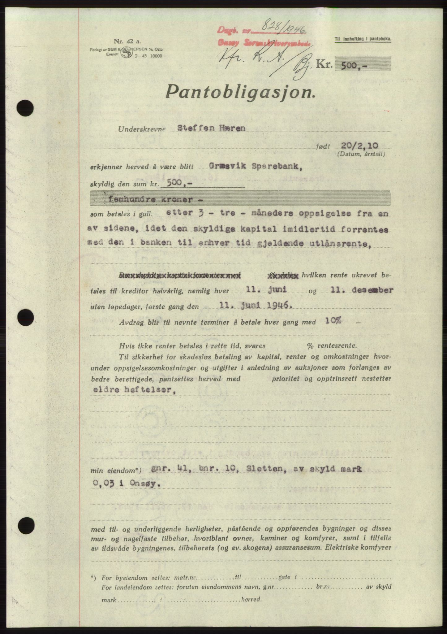 Onsøy sorenskriveri, SAO/A-10474/G/Ga/Gac/L0005: Pantebok nr. B 9-5, 1946-1947, Dagboknr: 828/1946