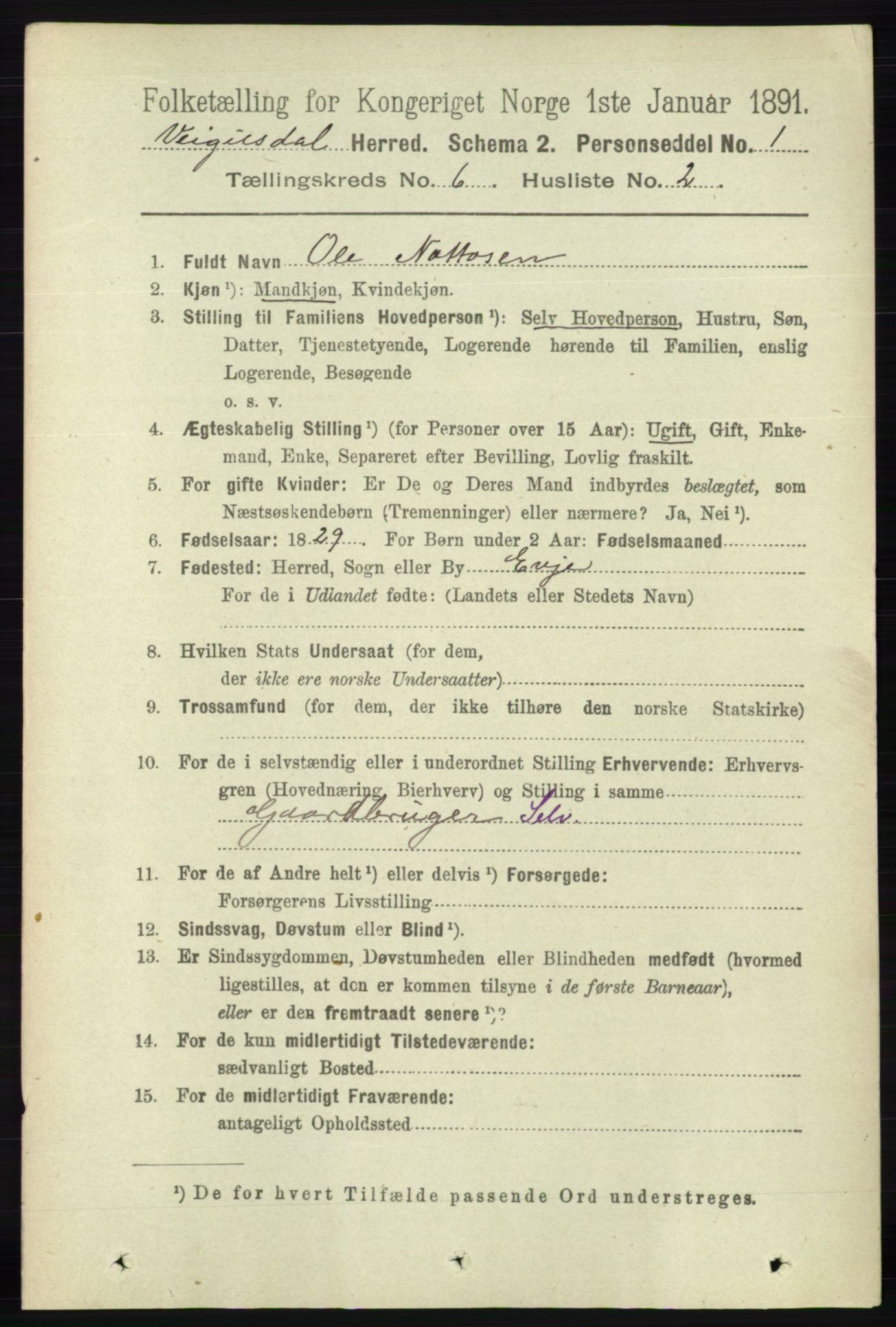 RA, Folketelling 1891 for 0934 Vegusdal herred, 1891, s. 1086