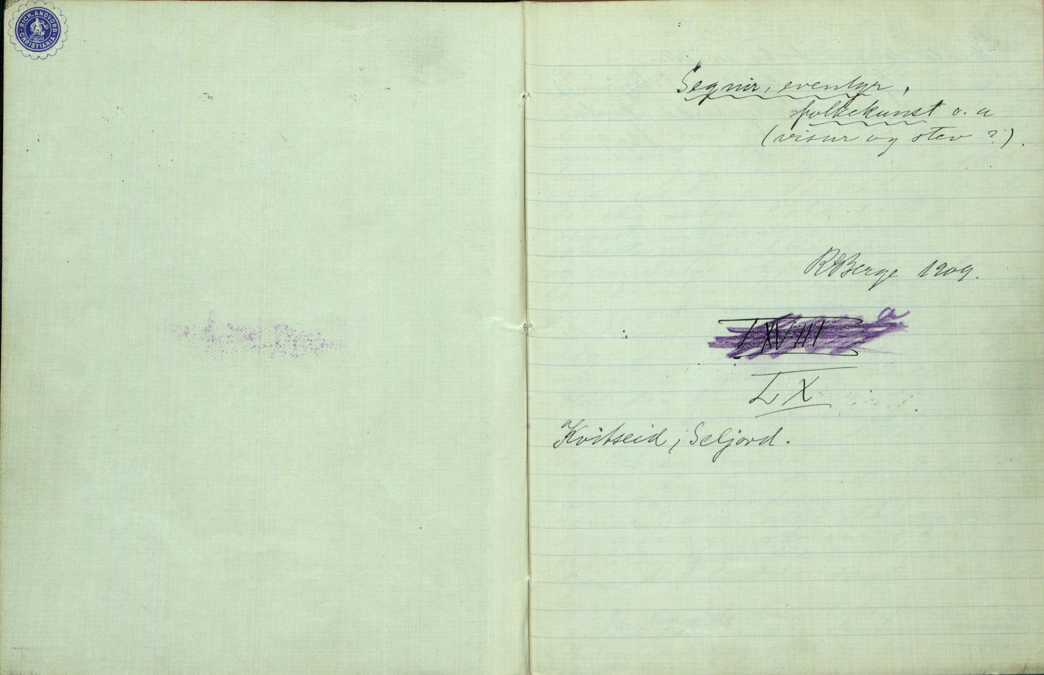 Rikard Berge, TEMU/TGM-A-1003/F/L0002/0030: 031-060 Innholdslister / 60 Segnir, eventyr, folkekunst o.a. Kviteseid, Seljord, 1909, s. 1