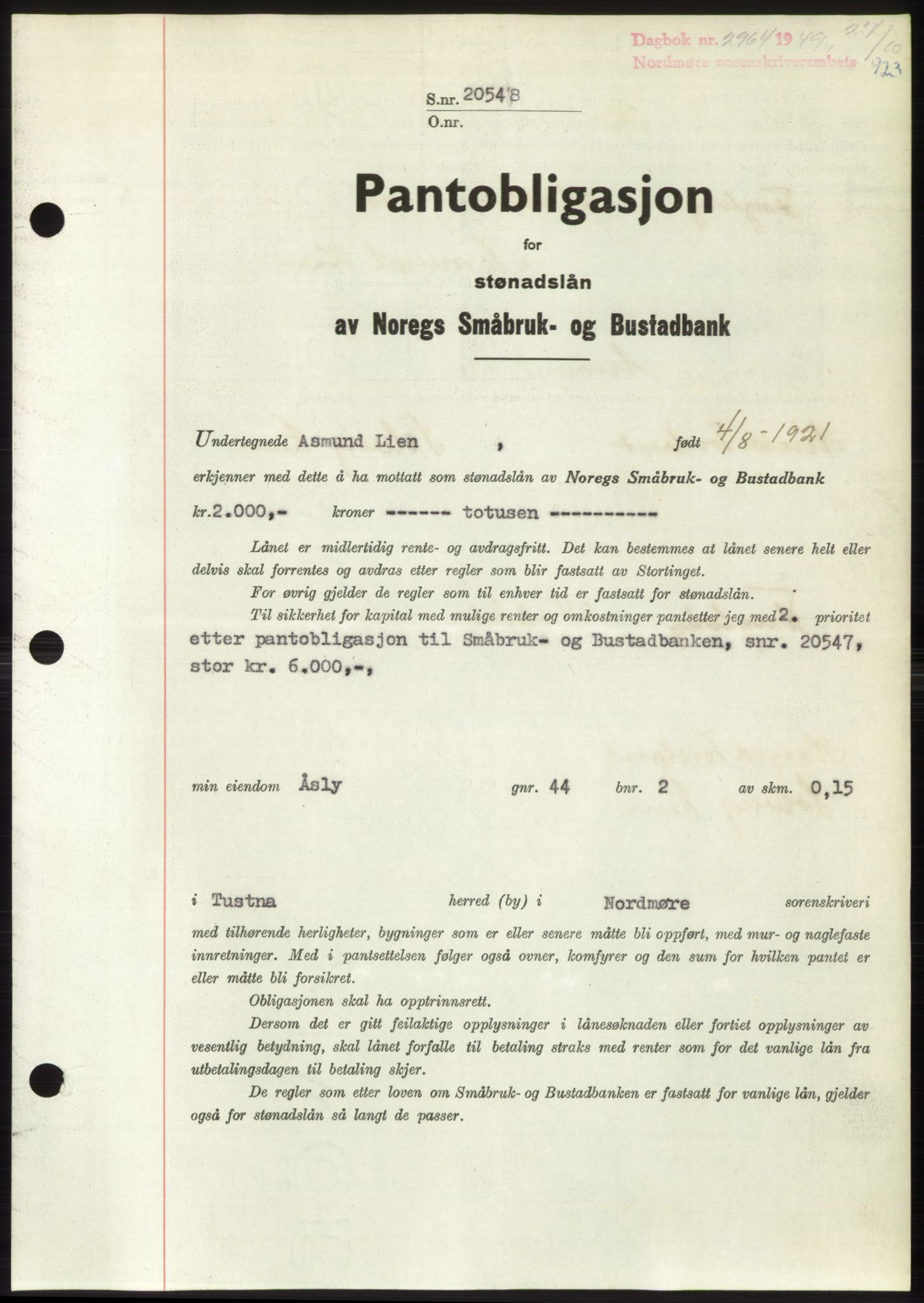 Nordmøre sorenskriveri, SAT/A-4132/1/2/2Ca: Pantebok nr. B102, 1949-1949, Dagboknr: 2964/1949