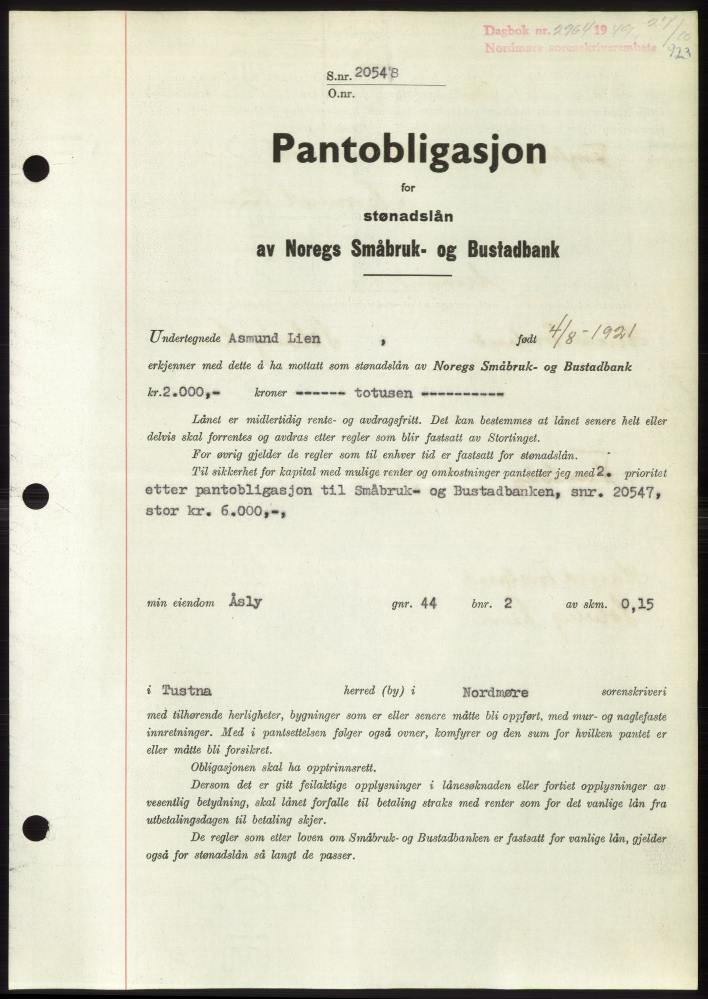 Nordmøre sorenskriveri, AV/SAT-A-4132/1/2/2Ca: Pantebok nr. B102, 1949-1949, Dagboknr: 2964/1949