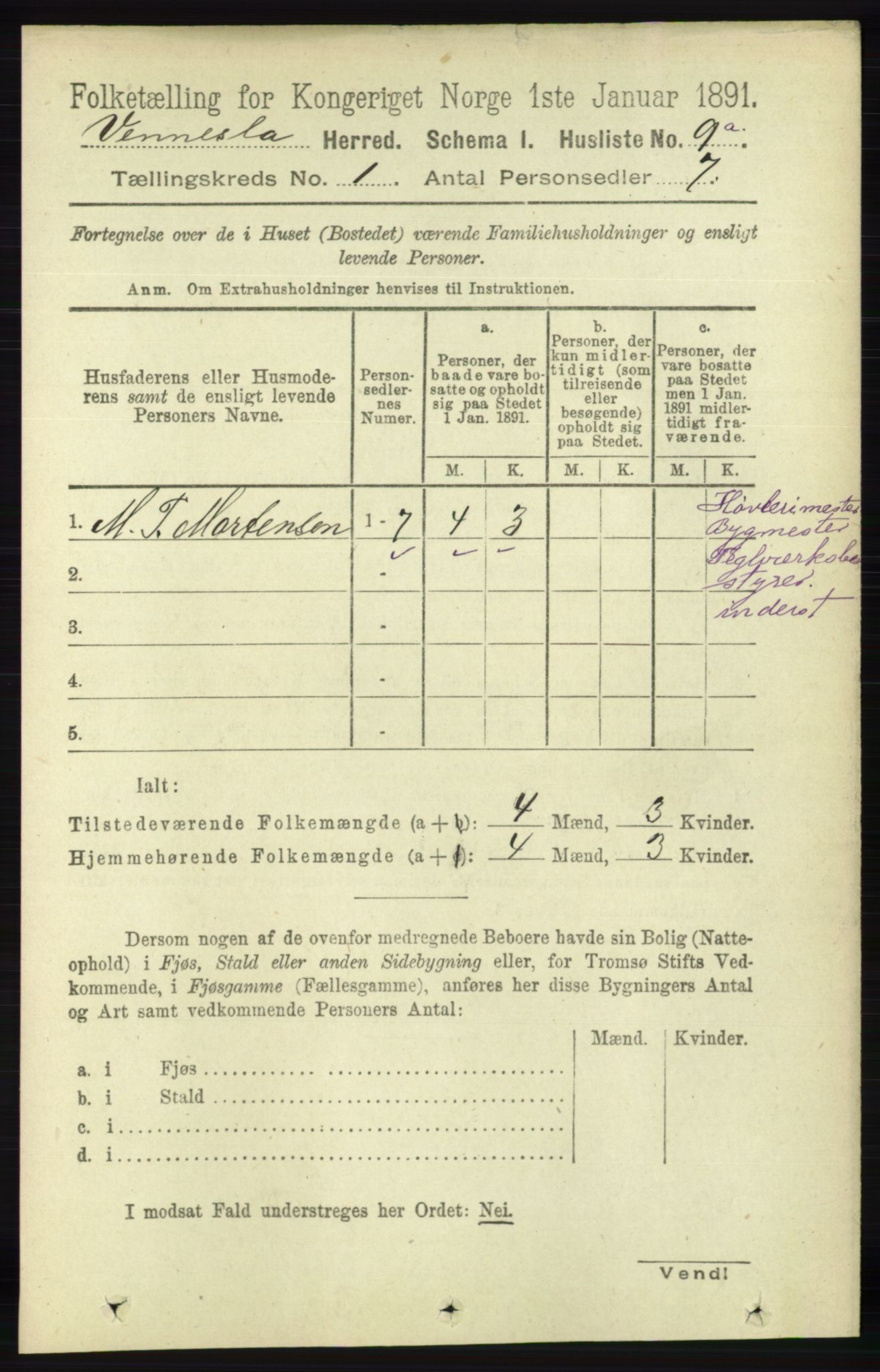 RA, Folketelling 1891 for 1014 Vennesla herred, 1891, s. 25