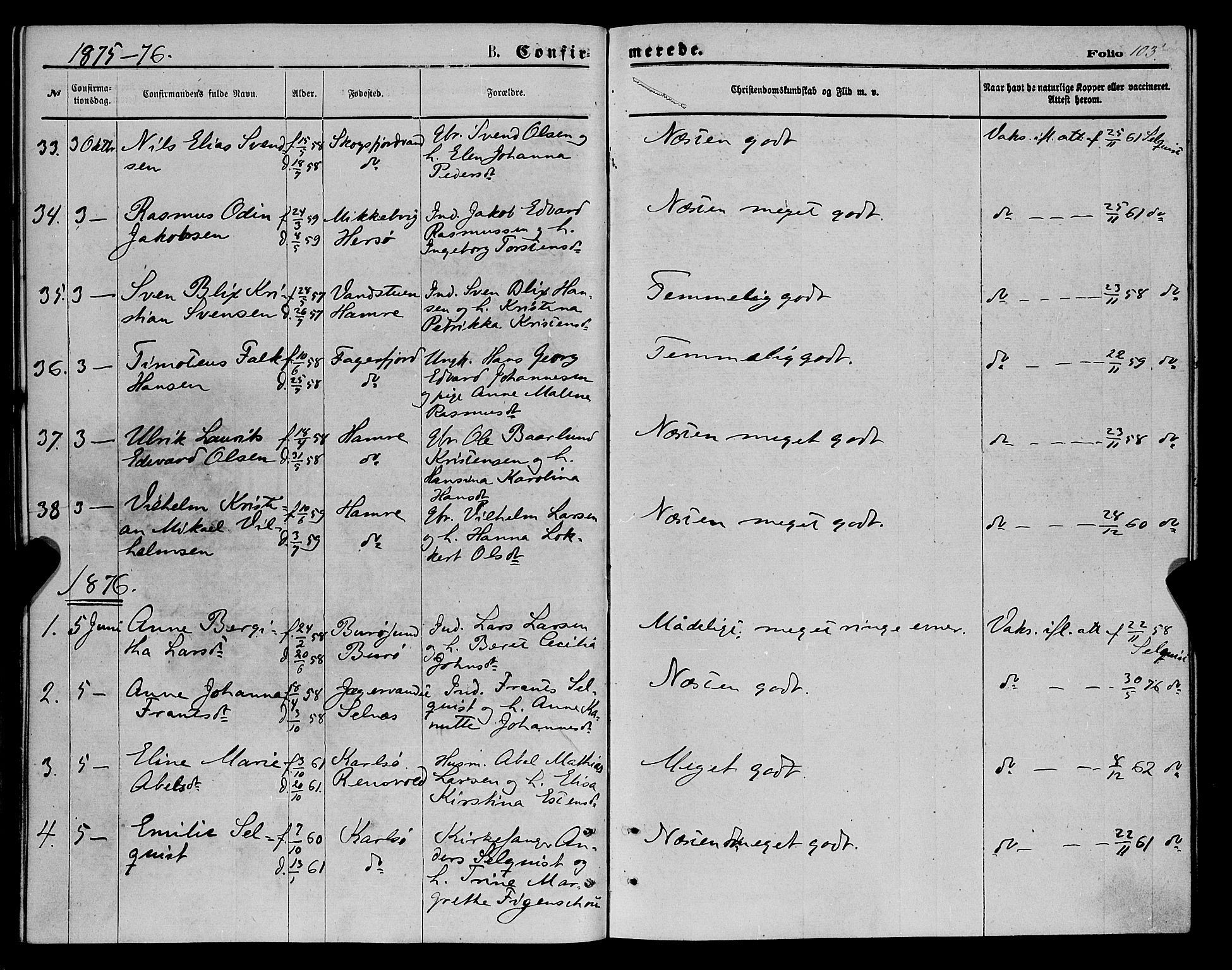 Karlsøy sokneprestembete, AV/SATØ-S-1299/H/Ha/Haa/L0005kirke: Ministerialbok nr. 5, 1872-1878, s. 103
