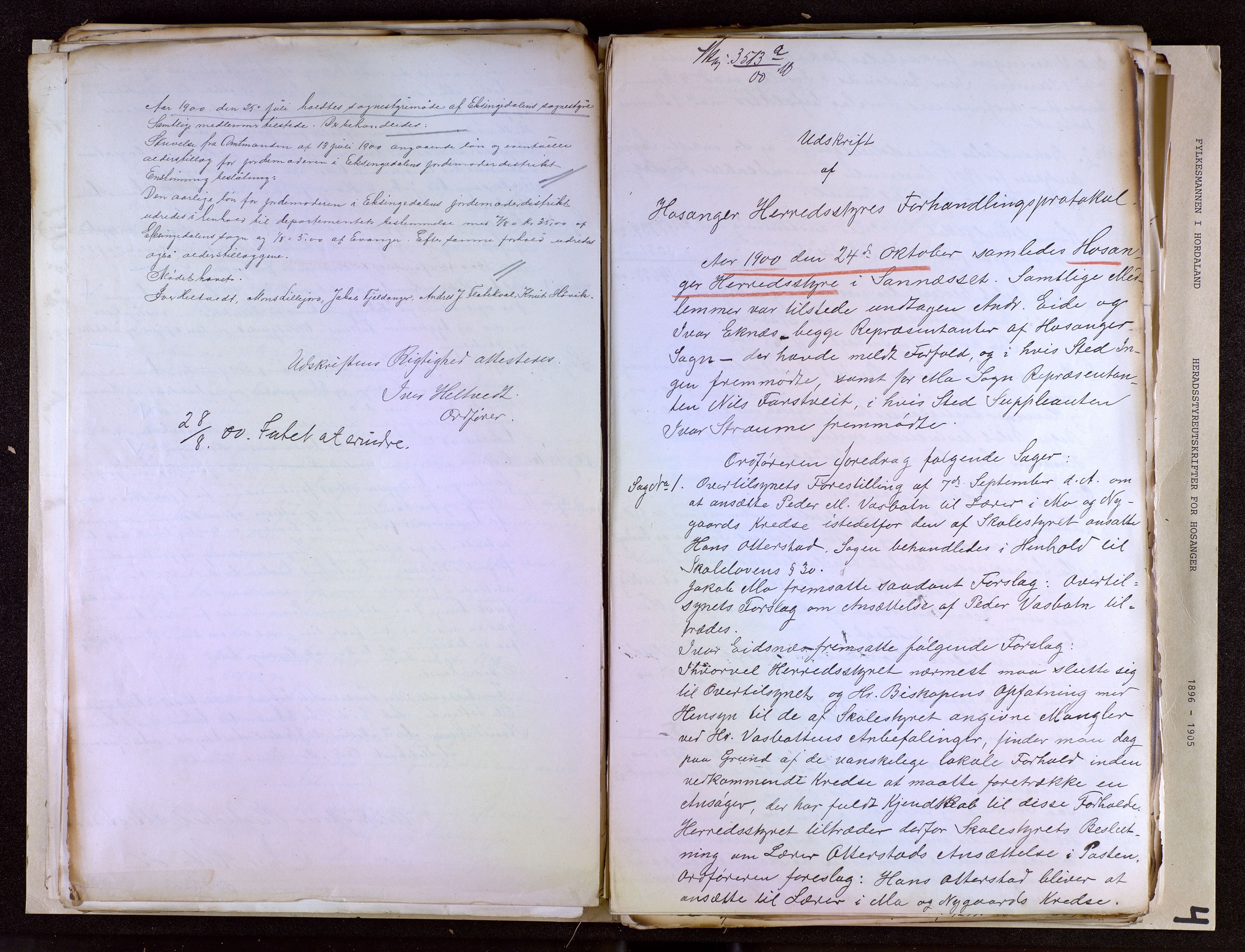 Fylkesmannen i Hordaland , AV/SAB-A-3601/1/03/03D/L0040/0004: Heradsstyreutskrifter / Heradsstyreutskrifter for Hosanger, 1896-1905