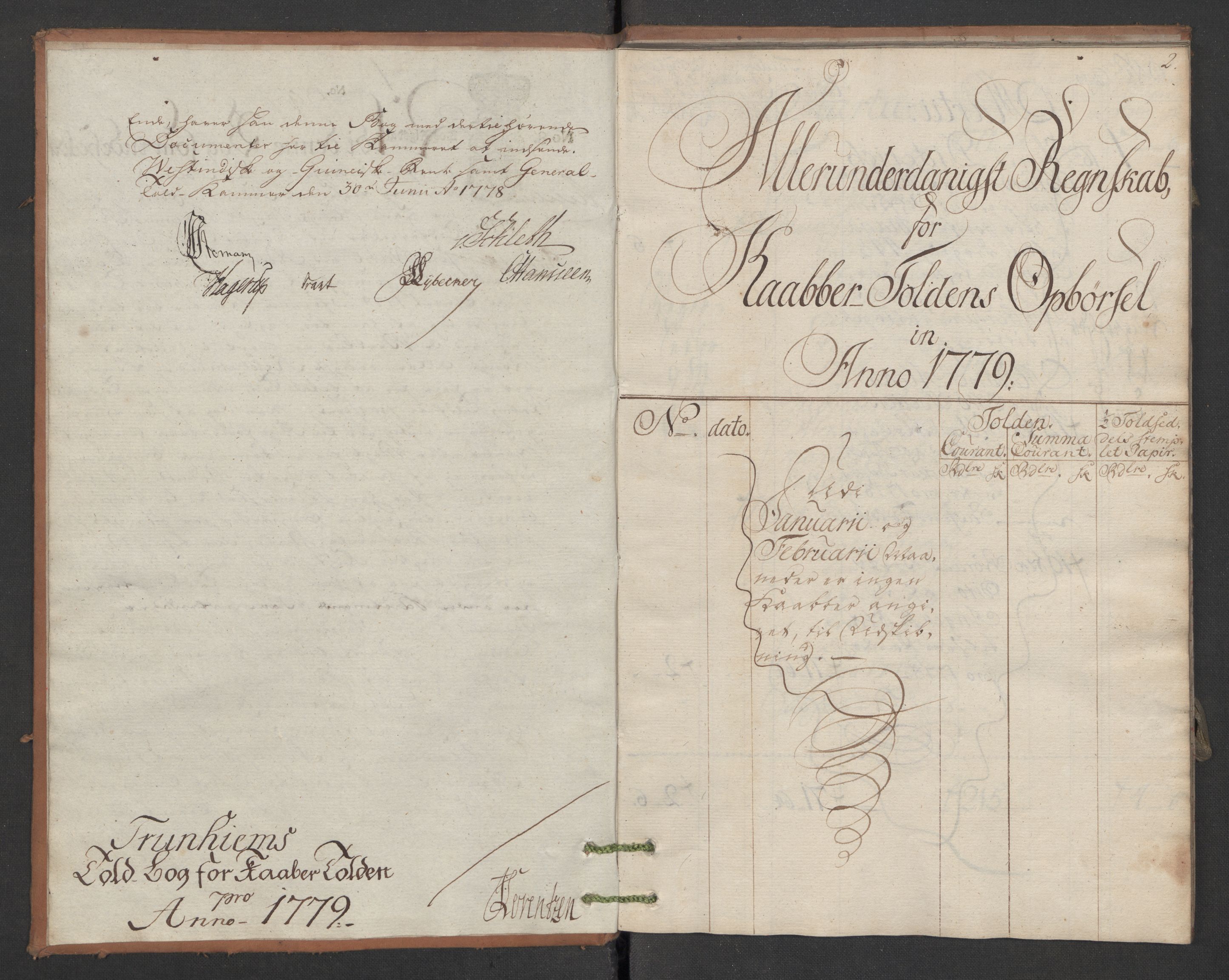 Generaltollkammeret, tollregnskaper, AV/RA-EA-5490/R34/L0029/0001: Koppertollregnskaper Trondheim B / Tollbok for koppertollen, 1779