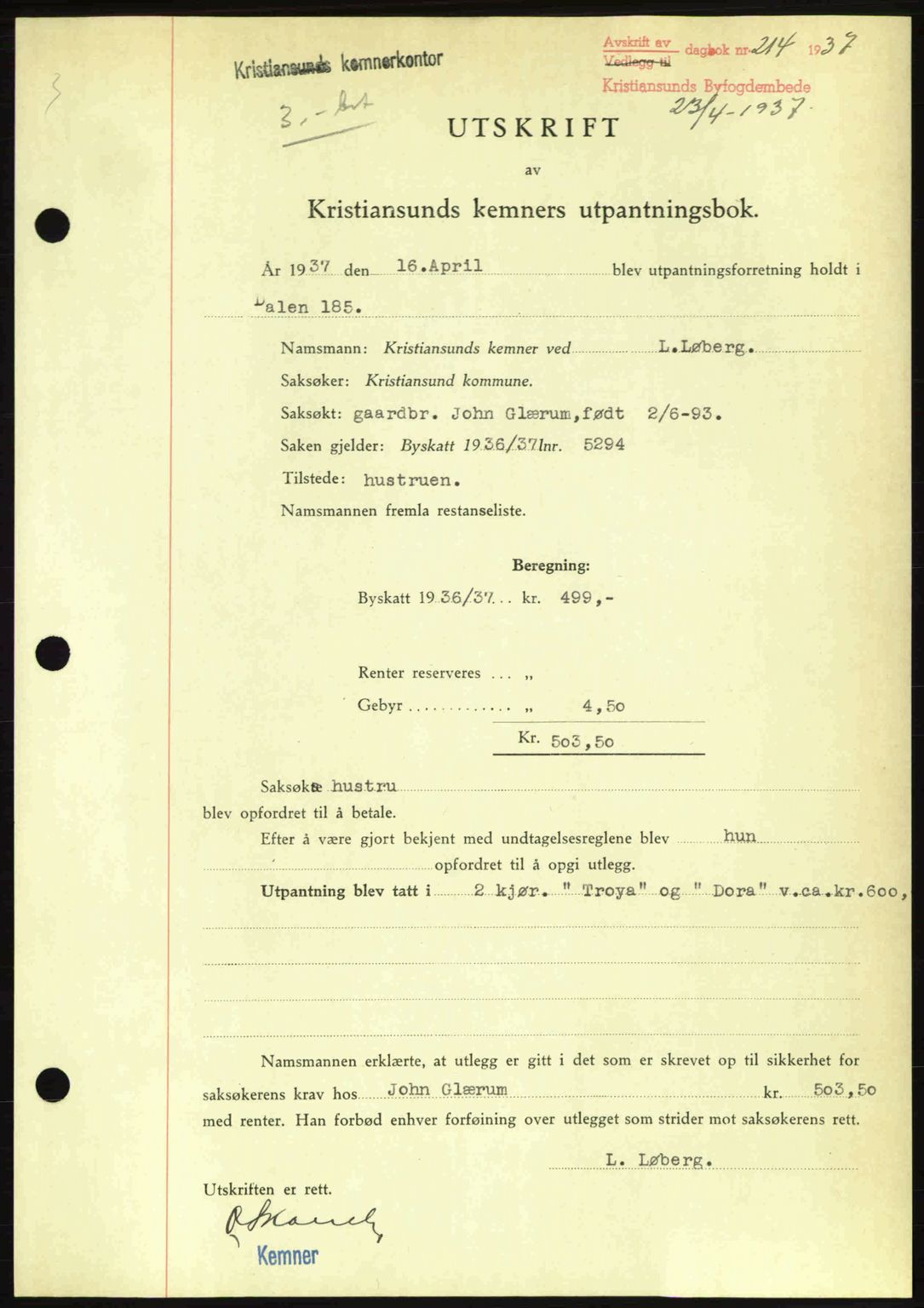 Kristiansund byfogd, AV/SAT-A-4587/A/27: Pantebok nr. 29, 1936-1937, Dagboknr: 214/1937