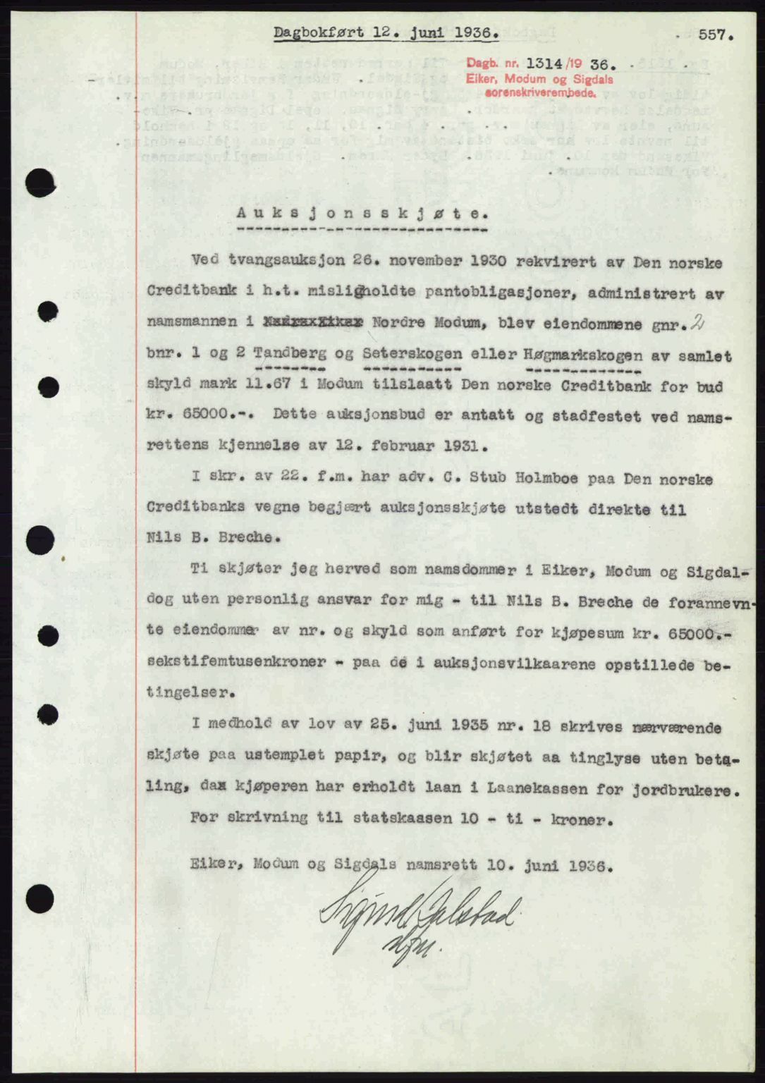 Eiker, Modum og Sigdal sorenskriveri, SAKO/A-123/G/Ga/Gab/L0032: Pantebok nr. A2, 1936-1936, Dagboknr: 1314/1936