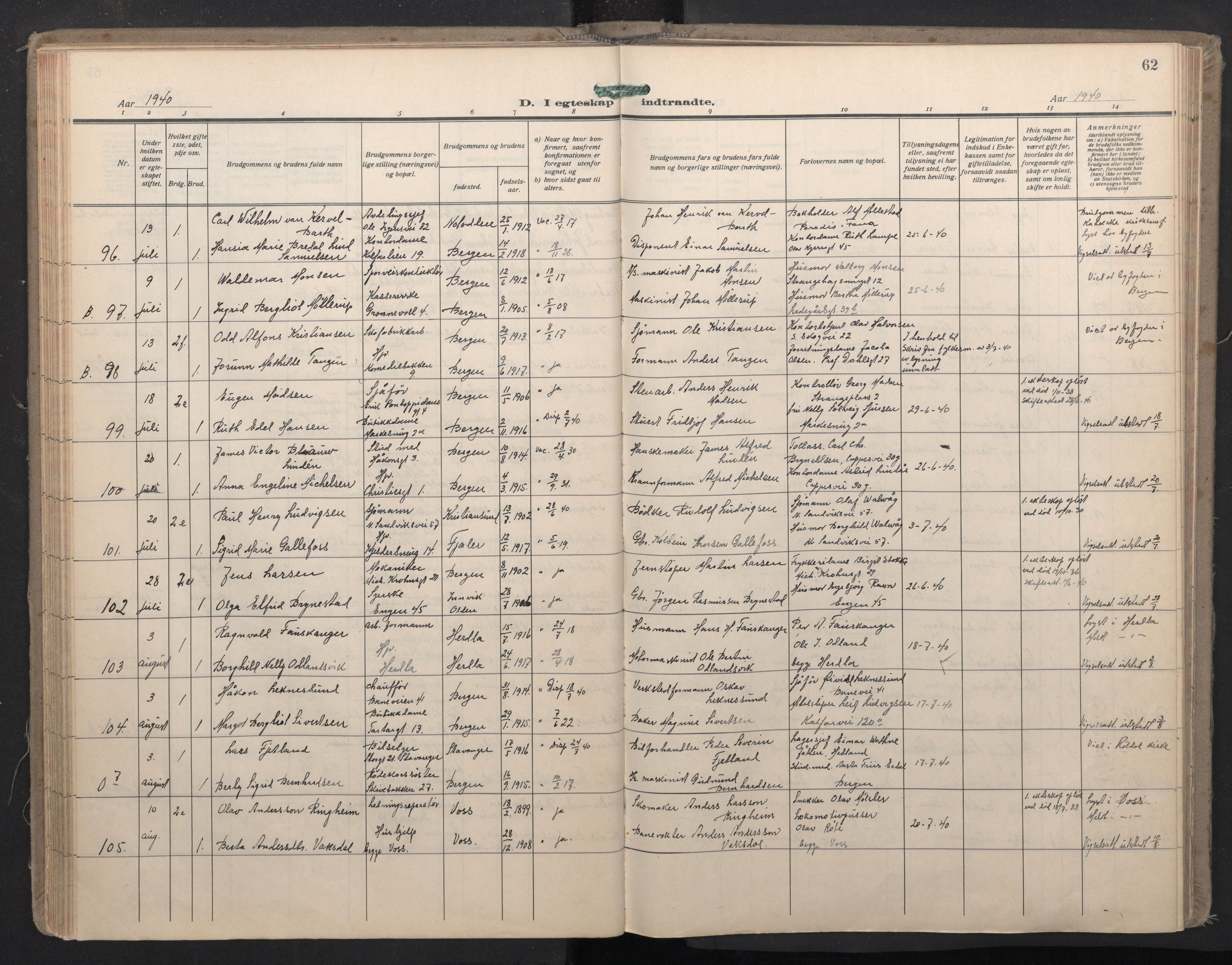 Domkirken sokneprestembete, AV/SAB-A-74801/H/Haa: Ministerialbok nr. D 7, 1937-1950, s. 61b-62a