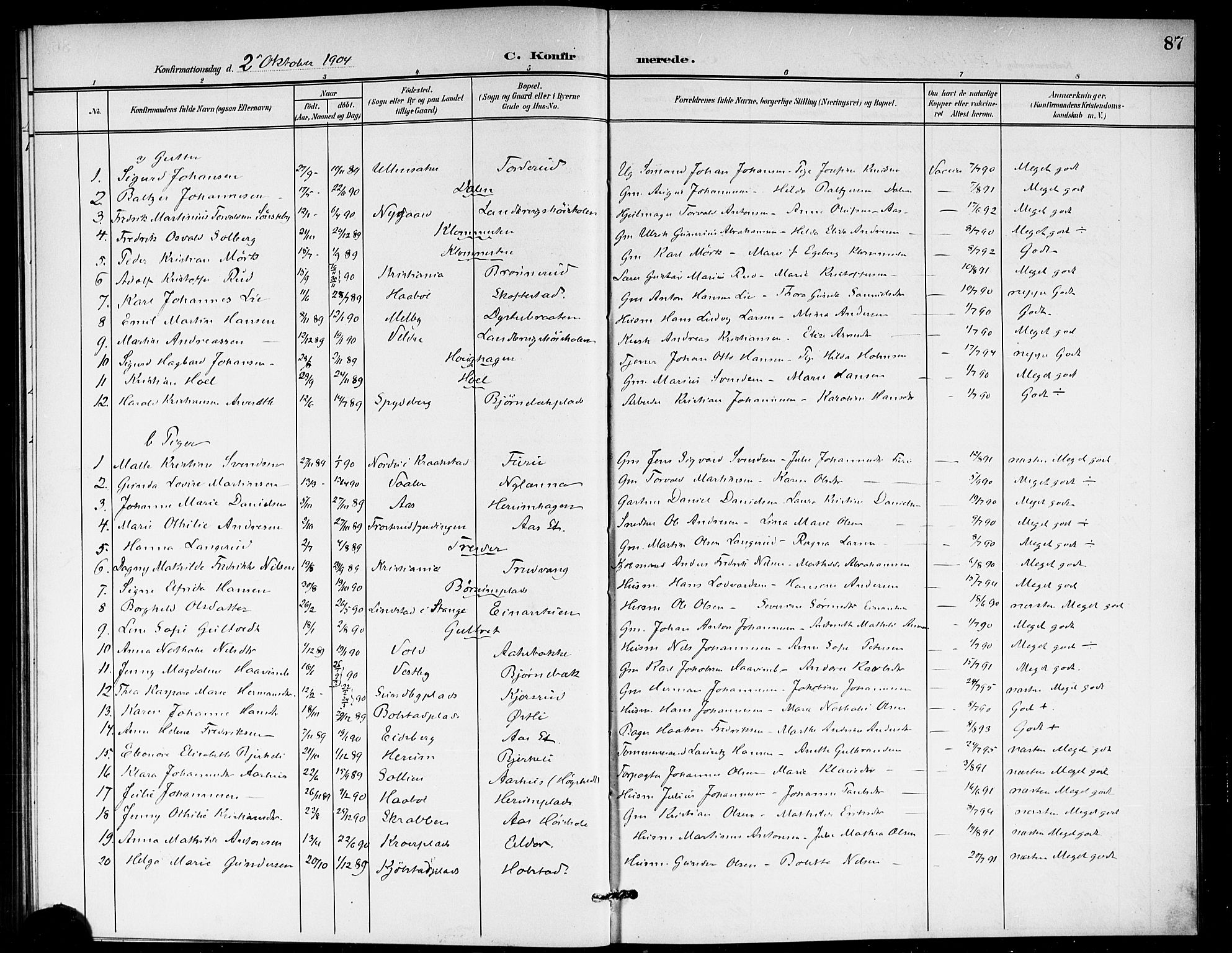 Ås prestekontor Kirkebøker, AV/SAO-A-10894/G/Ga/L0004: Klokkerbok nr. I 4, 1901-1915, s. 87