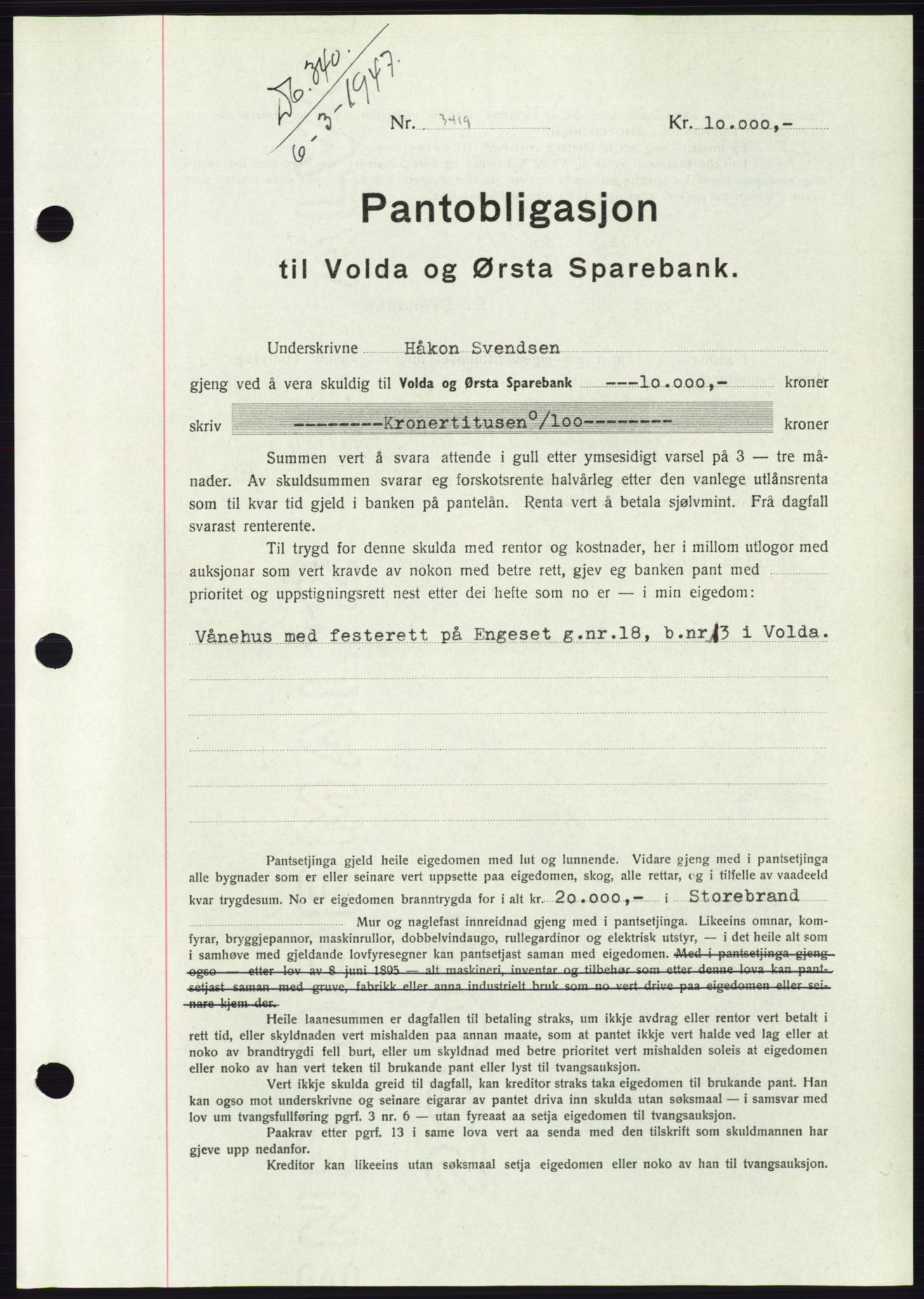 Søre Sunnmøre sorenskriveri, AV/SAT-A-4122/1/2/2C/L0114: Pantebok nr. 1-2B, 1943-1947, Dagboknr: 340/1947