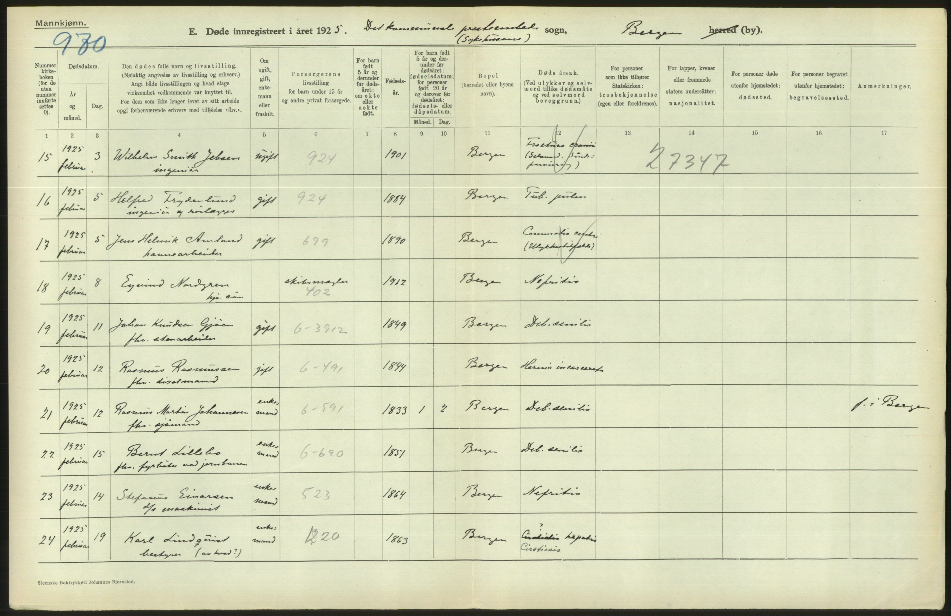 Statistisk sentralbyrå, Sosiodemografiske emner, Befolkning, RA/S-2228/D/Df/Dfc/Dfce/L0029: Bergen: Gifte, døde., 1925, s. 560