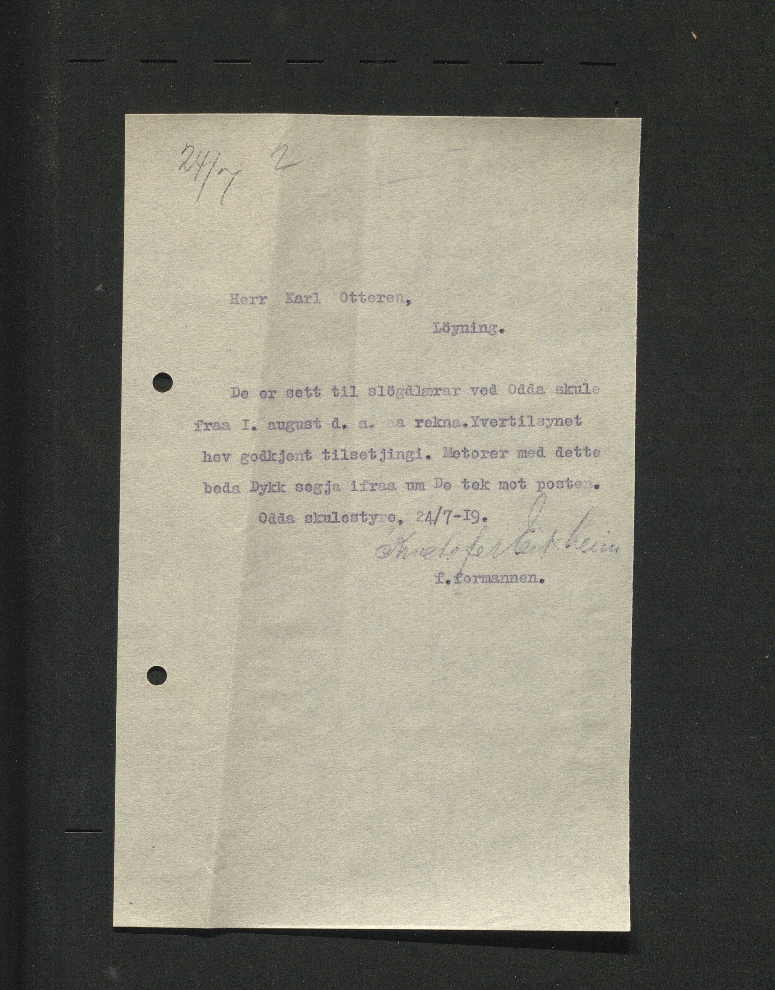 Odda kommune. Skulestyret, IKAH/1228-211/B/Ba/L0001/0001: Kopiar av utgåande brev / Kopiar av utgåande brev , 1919