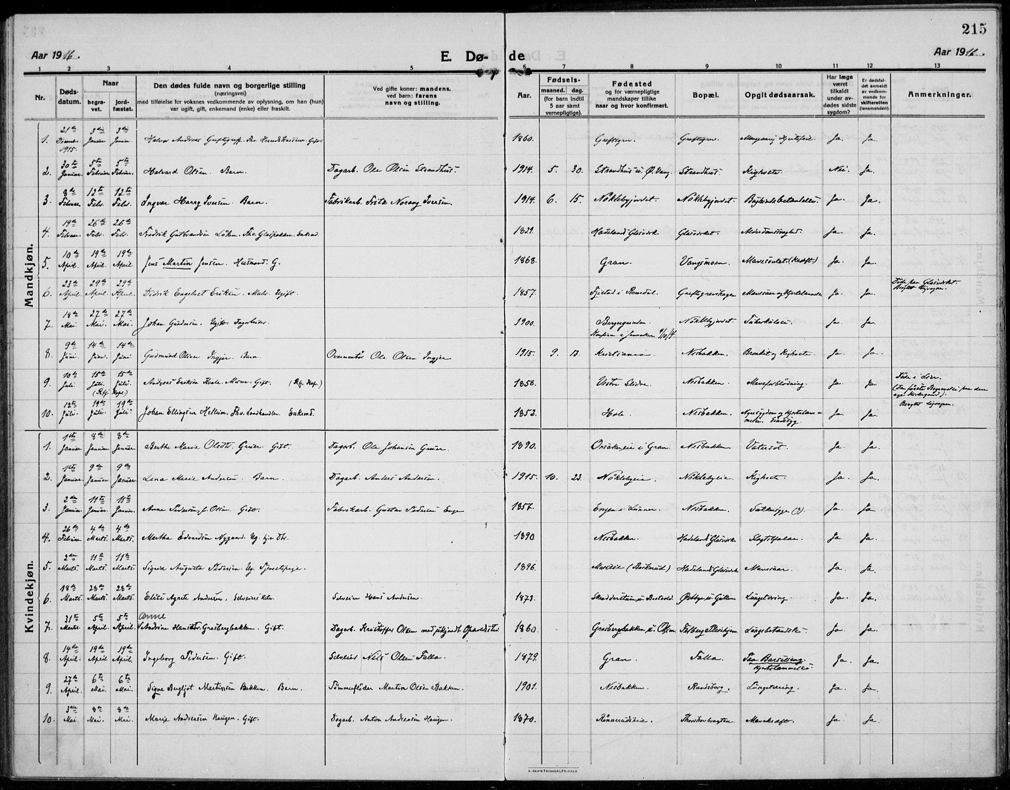 Jevnaker prestekontor, SAH/PREST-116/H/Ha/Haa/L0012: Ministerialbok nr. 12, 1914-1924, s. 215