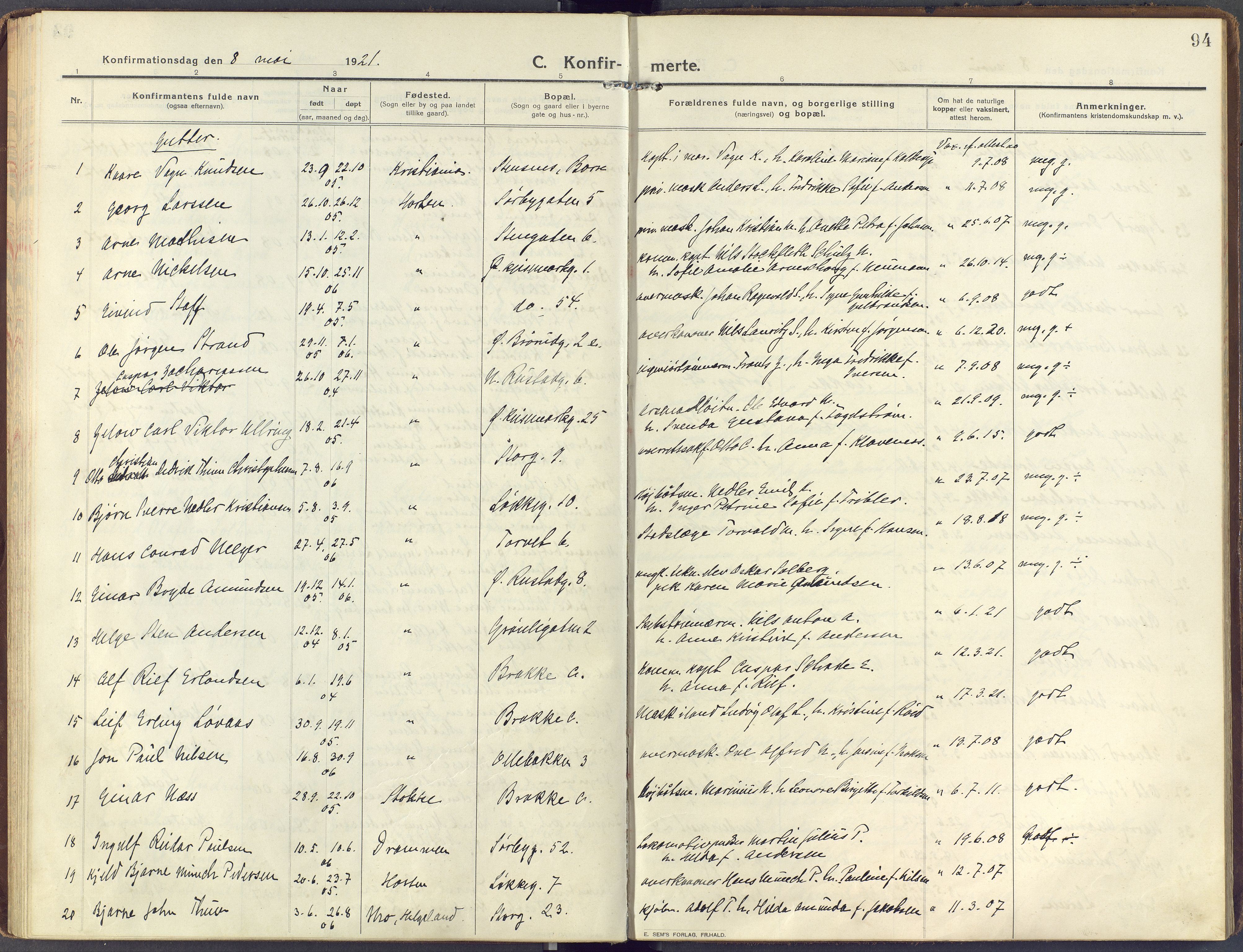 Horten kirkebøker, AV/SAKO-A-348/F/Fa/L0010: Ministerialbok nr. 10, 1913-1925, s. 94