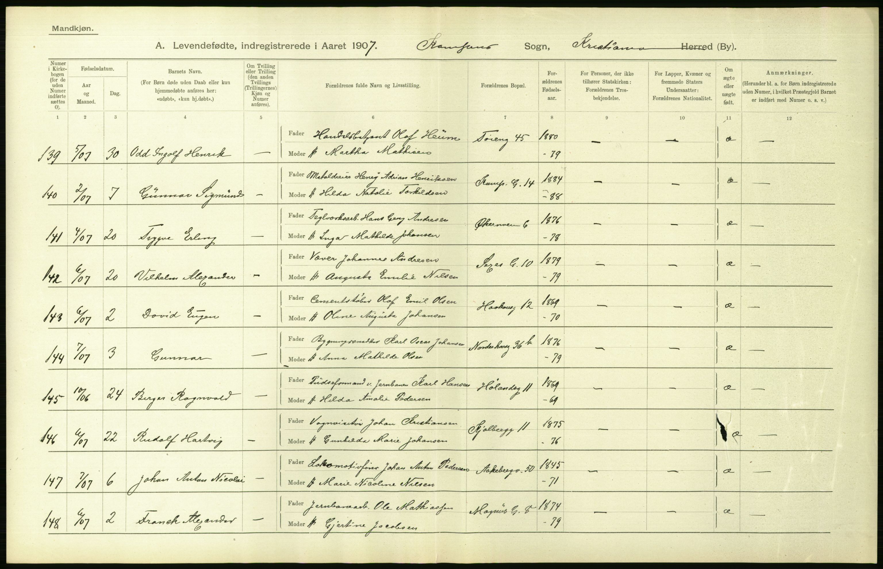 Statistisk sentralbyrå, Sosiodemografiske emner, Befolkning, AV/RA-S-2228/D/Df/Dfa/Dfae/L0007: Kristiania: Levendefødte menn og kvinner., 1907, s. 450