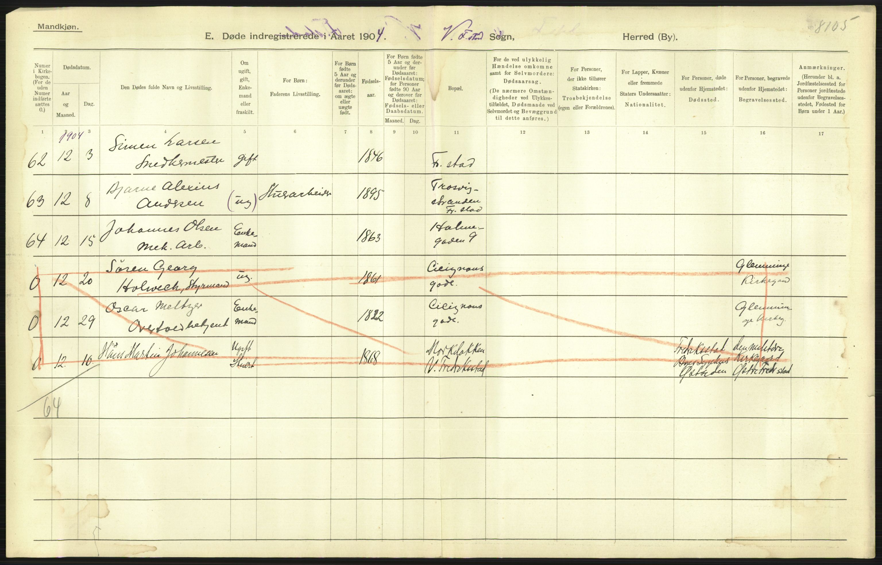 Statistisk sentralbyrå, Sosiodemografiske emner, Befolkning, AV/RA-S-2228/D/Df/Dfa/Dfab/L0001: Smålenenes amt: Fødte, gifte, døde, 1904, s. 734