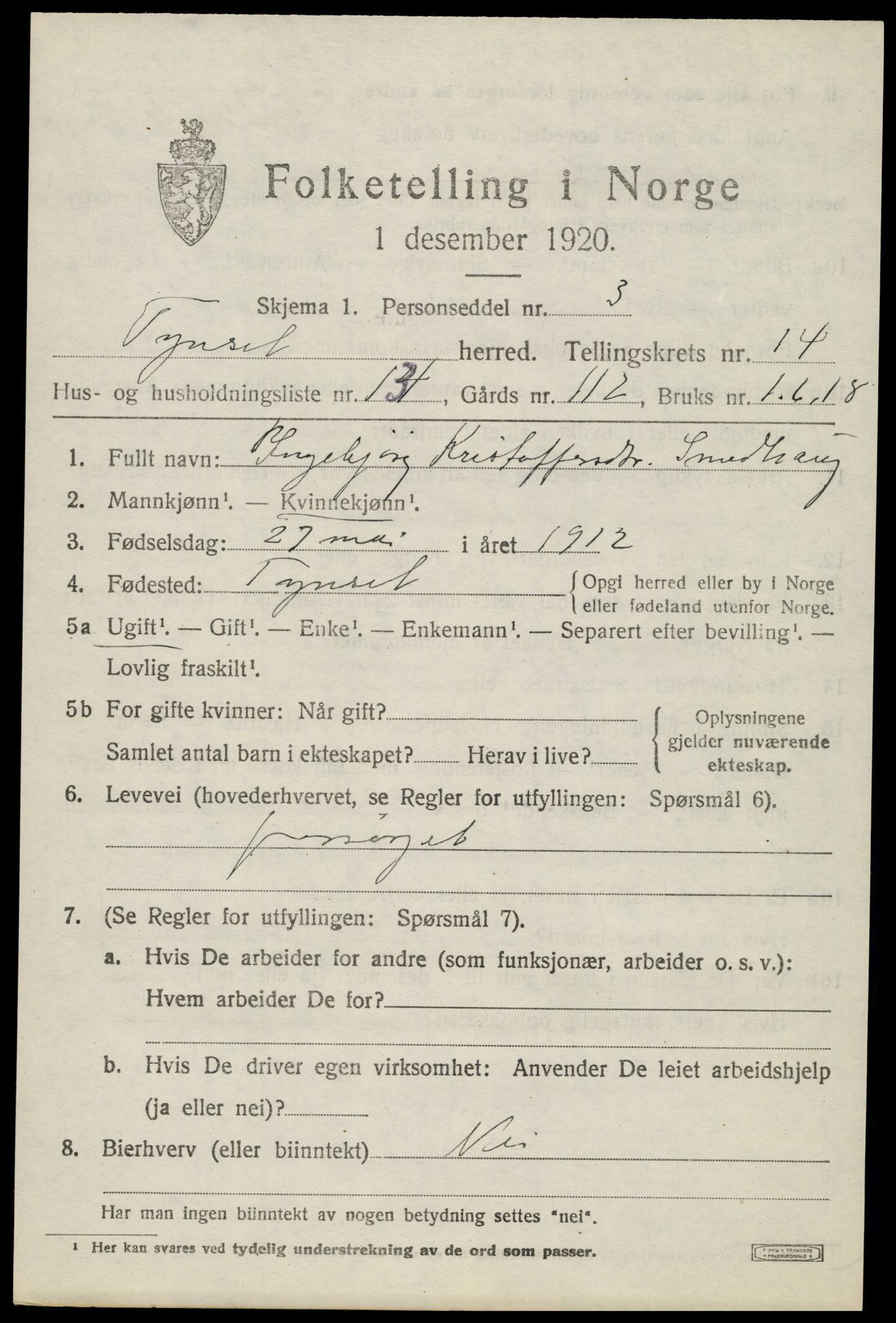 SAH, Folketelling 1920 for 0437 Tynset herred, 1920, s. 9046