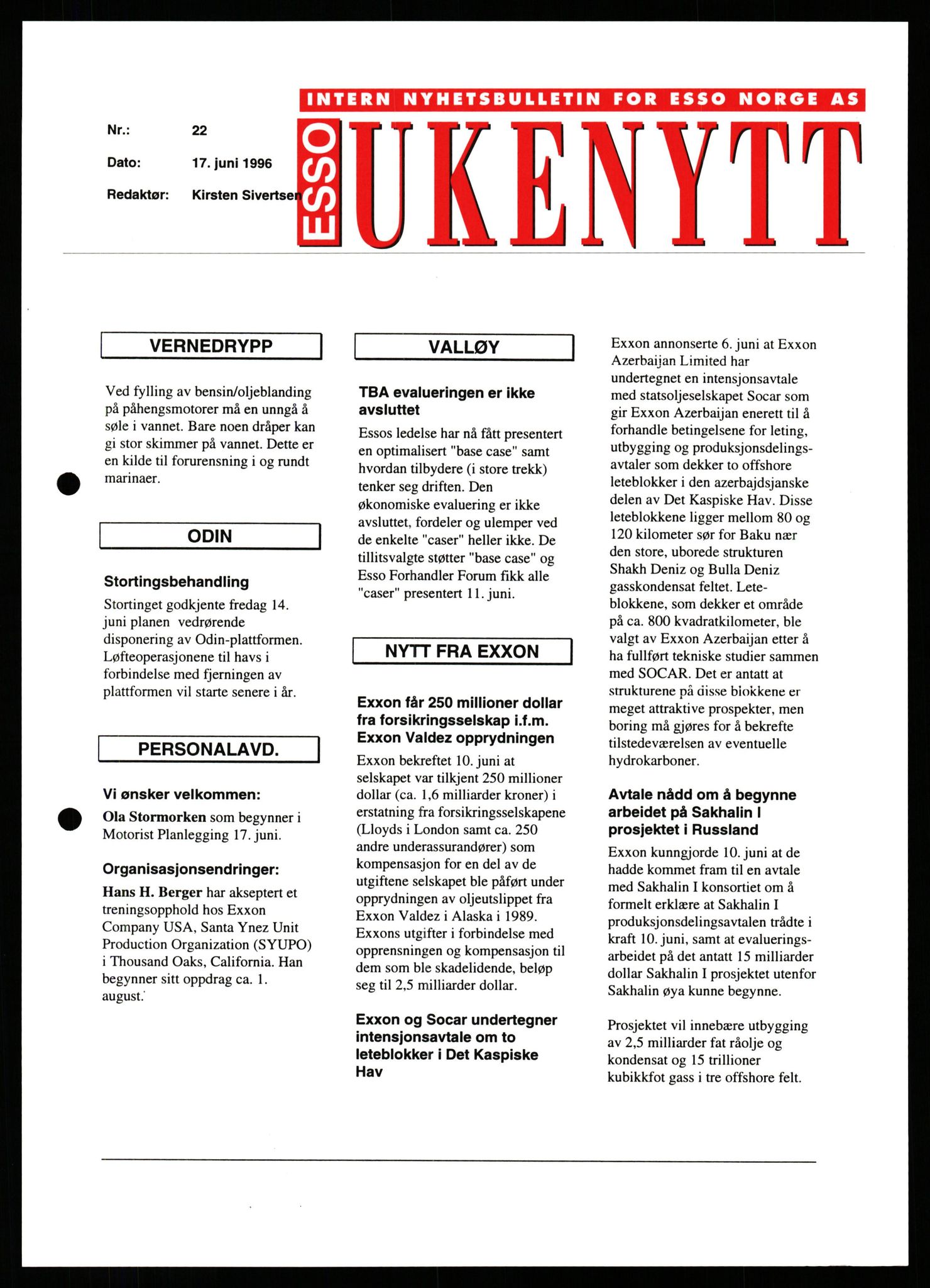 Pa 0982 - Esso Norge A/S, AV/SAST-A-100448/X/Xd/L0005: Ukenytt, 1994-2001