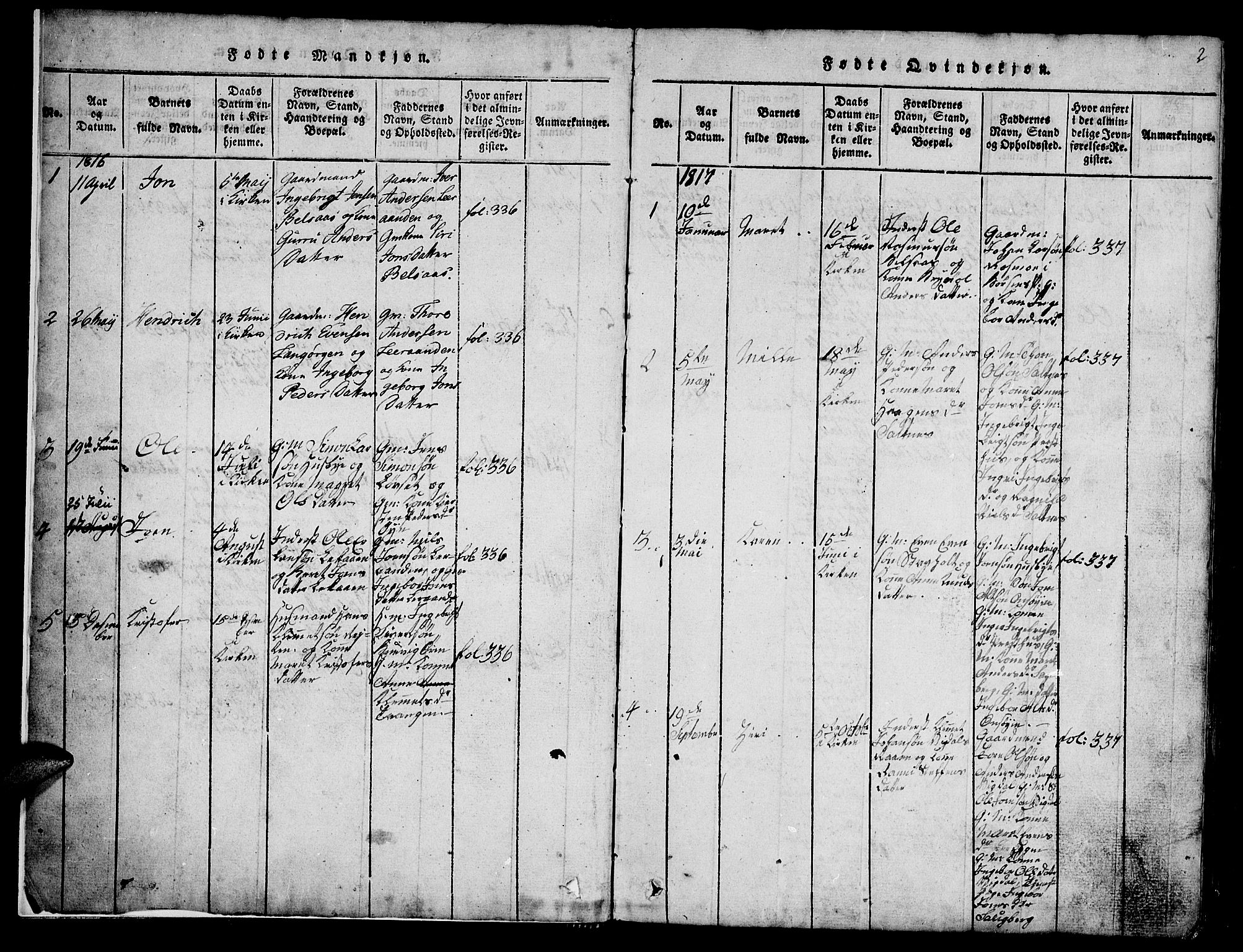 Ministerialprotokoller, klokkerbøker og fødselsregistre - Sør-Trøndelag, AV/SAT-A-1456/666/L0788: Klokkerbok nr. 666C01, 1816-1847, s. 2