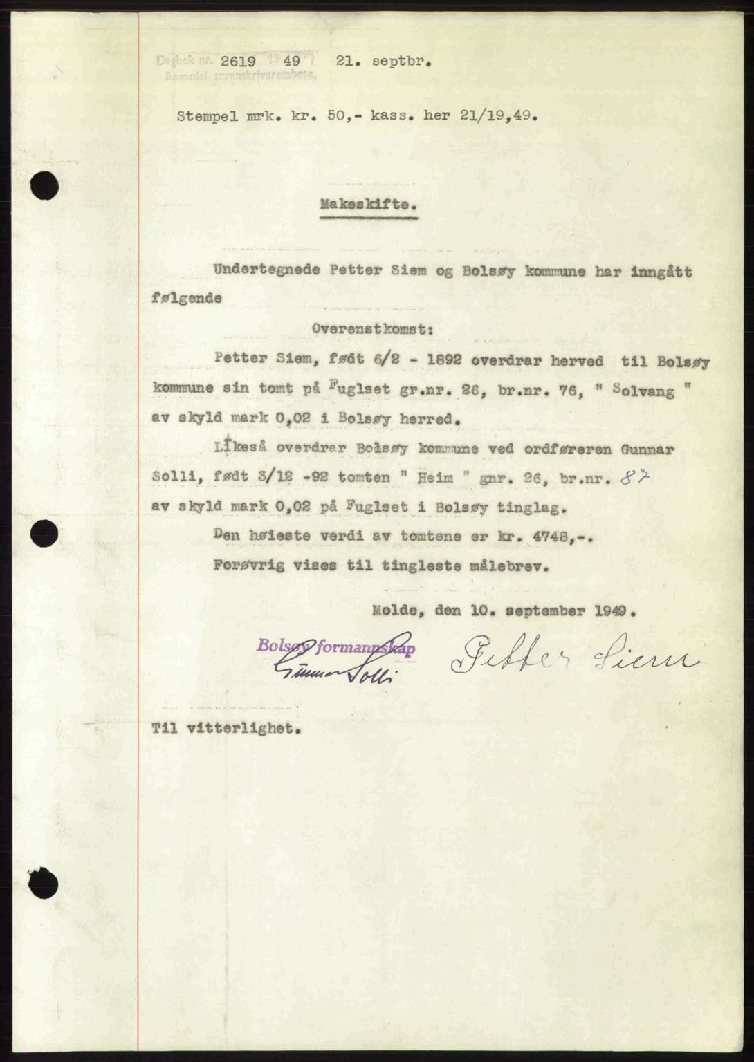 Romsdal sorenskriveri, SAT/A-4149/1/2/2C: Pantebok nr. A31, 1949-1949, Dagboknr: 2619/1949