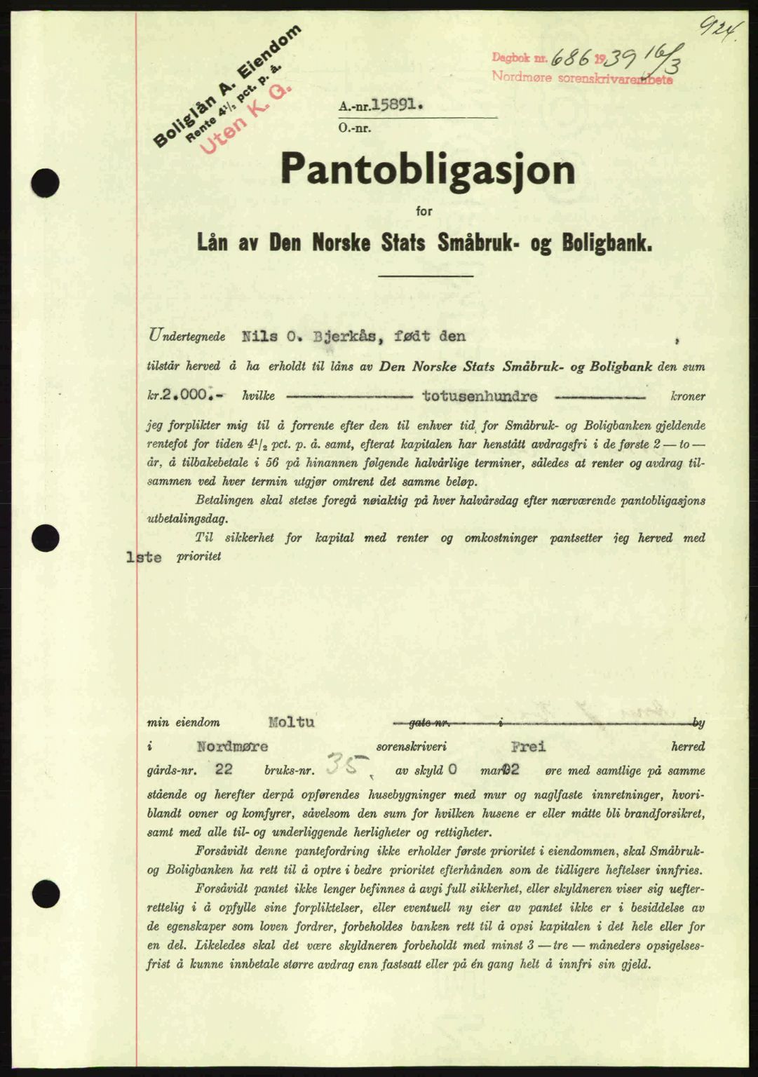 Nordmøre sorenskriveri, AV/SAT-A-4132/1/2/2Ca: Pantebok nr. B84, 1938-1939, Dagboknr: 686/1939