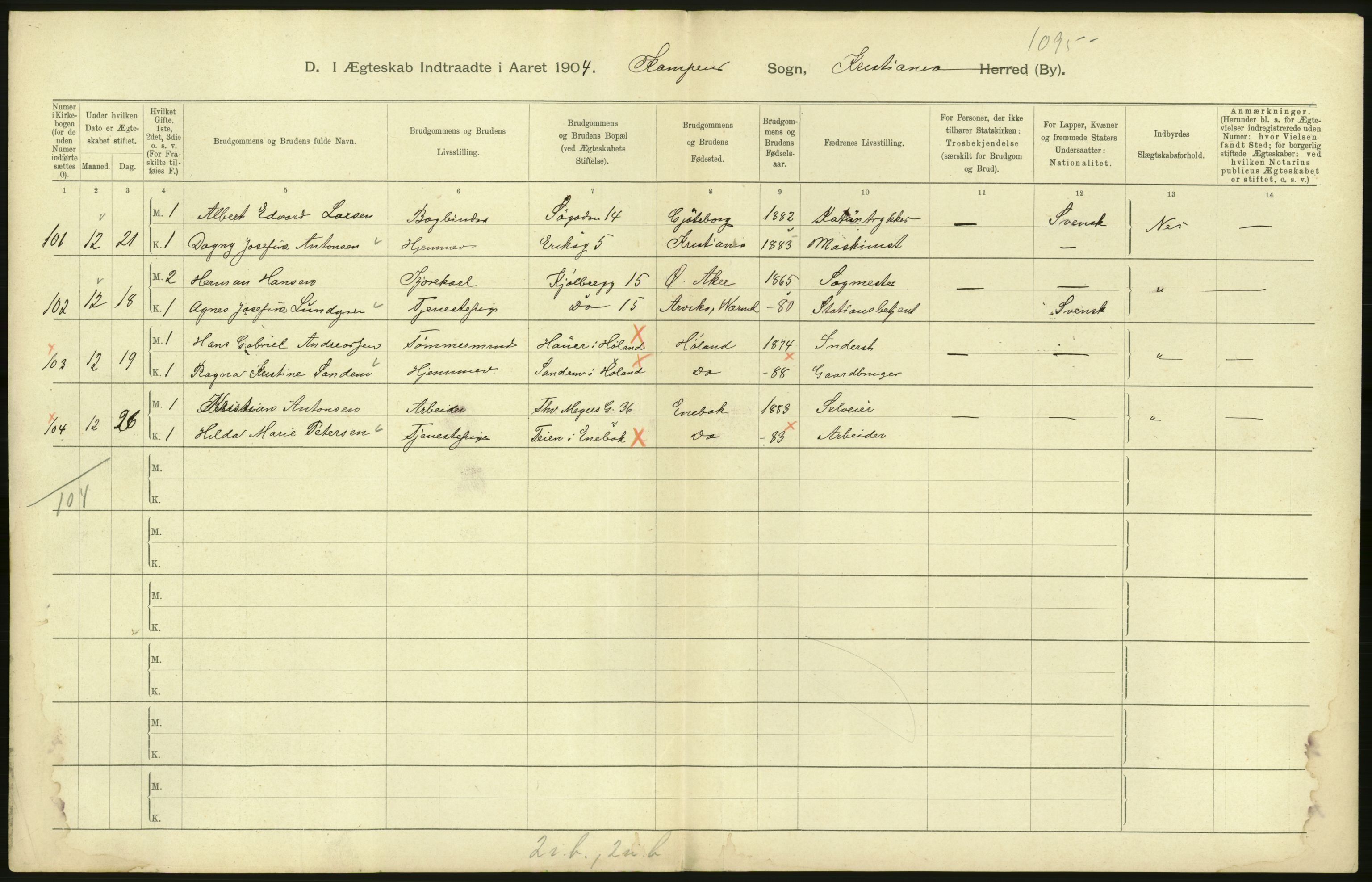 Statistisk sentralbyrå, Sosiodemografiske emner, Befolkning, AV/RA-S-2228/D/Df/Dfa/Dfab/L0004: Kristiania: Gifte, døde, 1904, s. 24