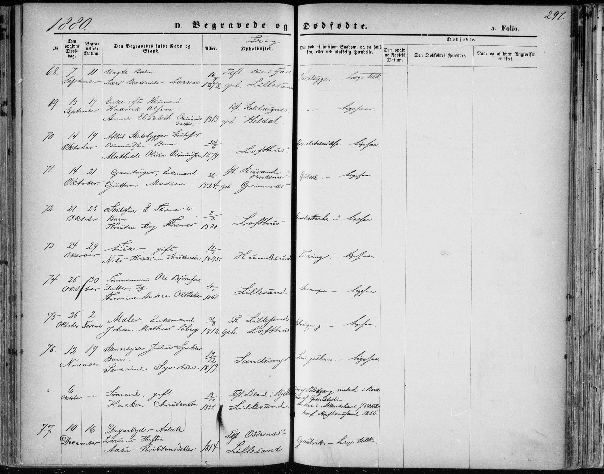 Vestre Moland sokneprestkontor, SAK/1111-0046/F/Fa/Fab/L0008: Ministerialbok nr. A 8, 1873-1883, s. 297