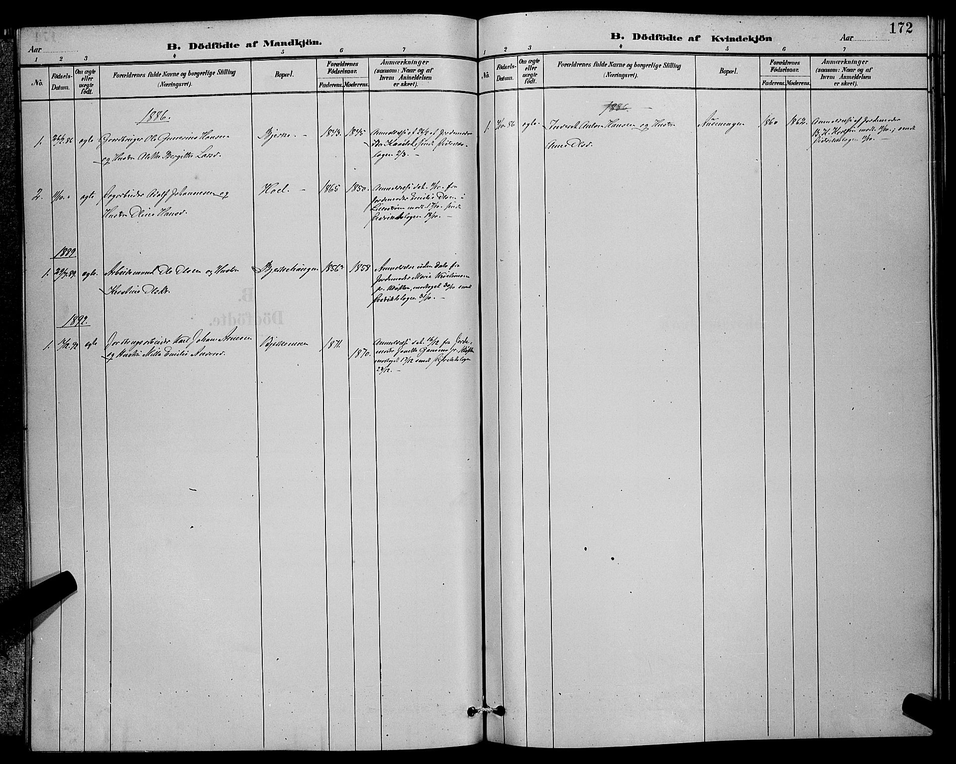 Sørum prestekontor Kirkebøker, AV/SAO-A-10303/G/Ga/L0005: Klokkerbok nr. I 5.2, 1886-1894, s. 172