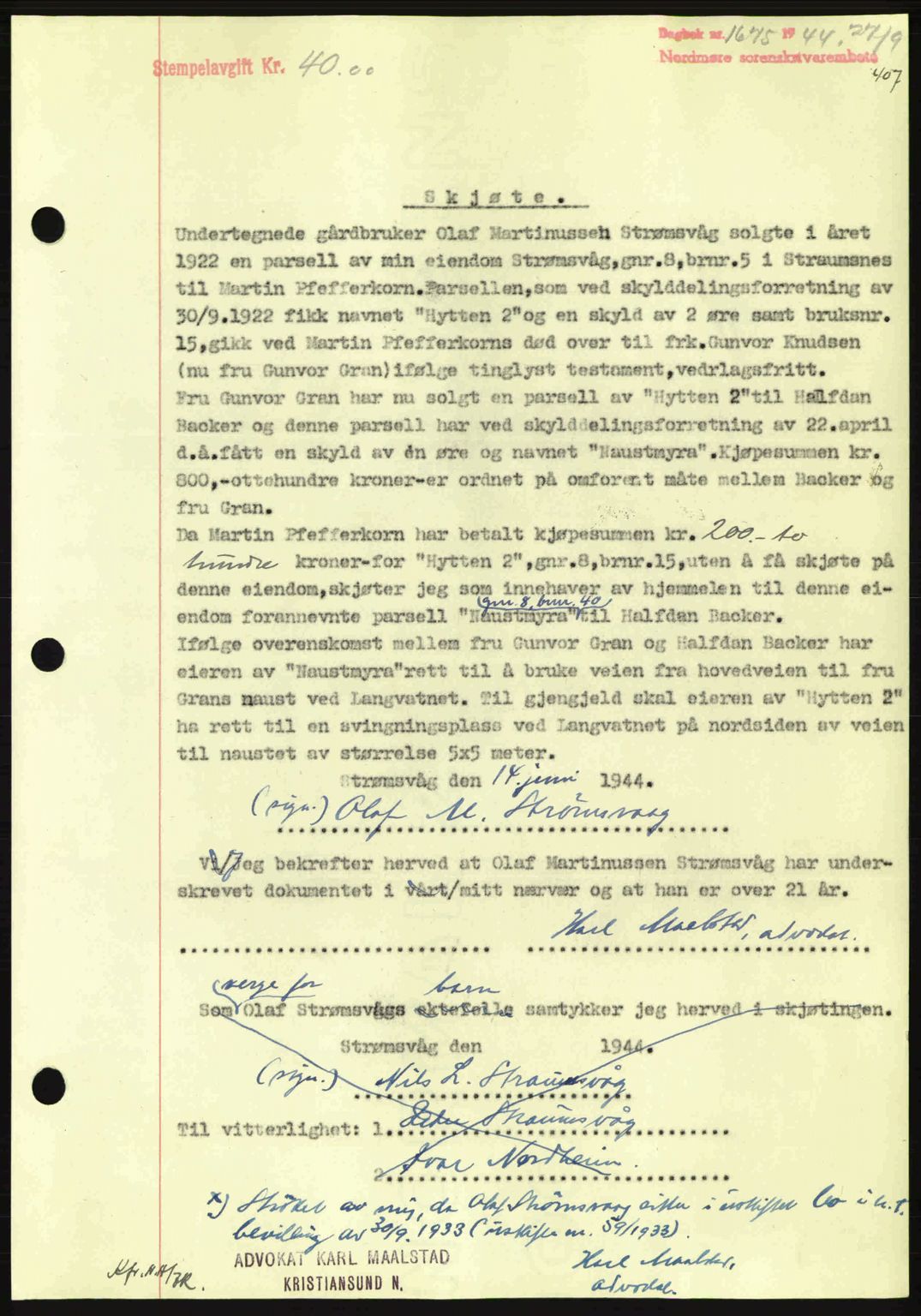 Nordmøre sorenskriveri, SAT/A-4132/1/2/2Ca: Pantebok nr. A98, 1944-1944, Dagboknr: 1675/1944