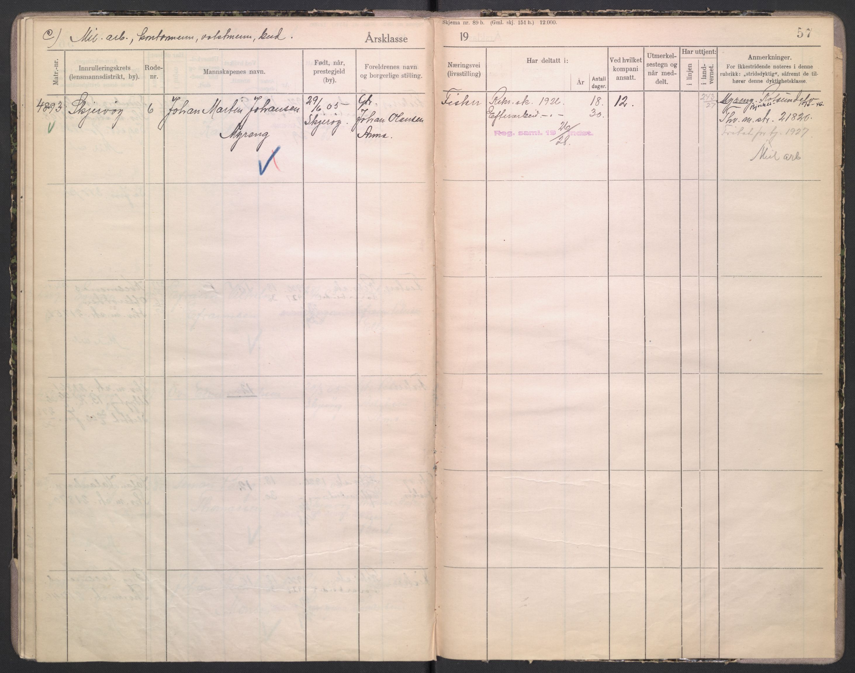 Forsvaret, Troms infanteriregiment nr. 16, AV/RA-RAFA-3146/P/Pa/L0004/0002: Ruller / Rulle for Lyngen bataljons menige mannskaper, årsklasse 1926, 1926, s. 57