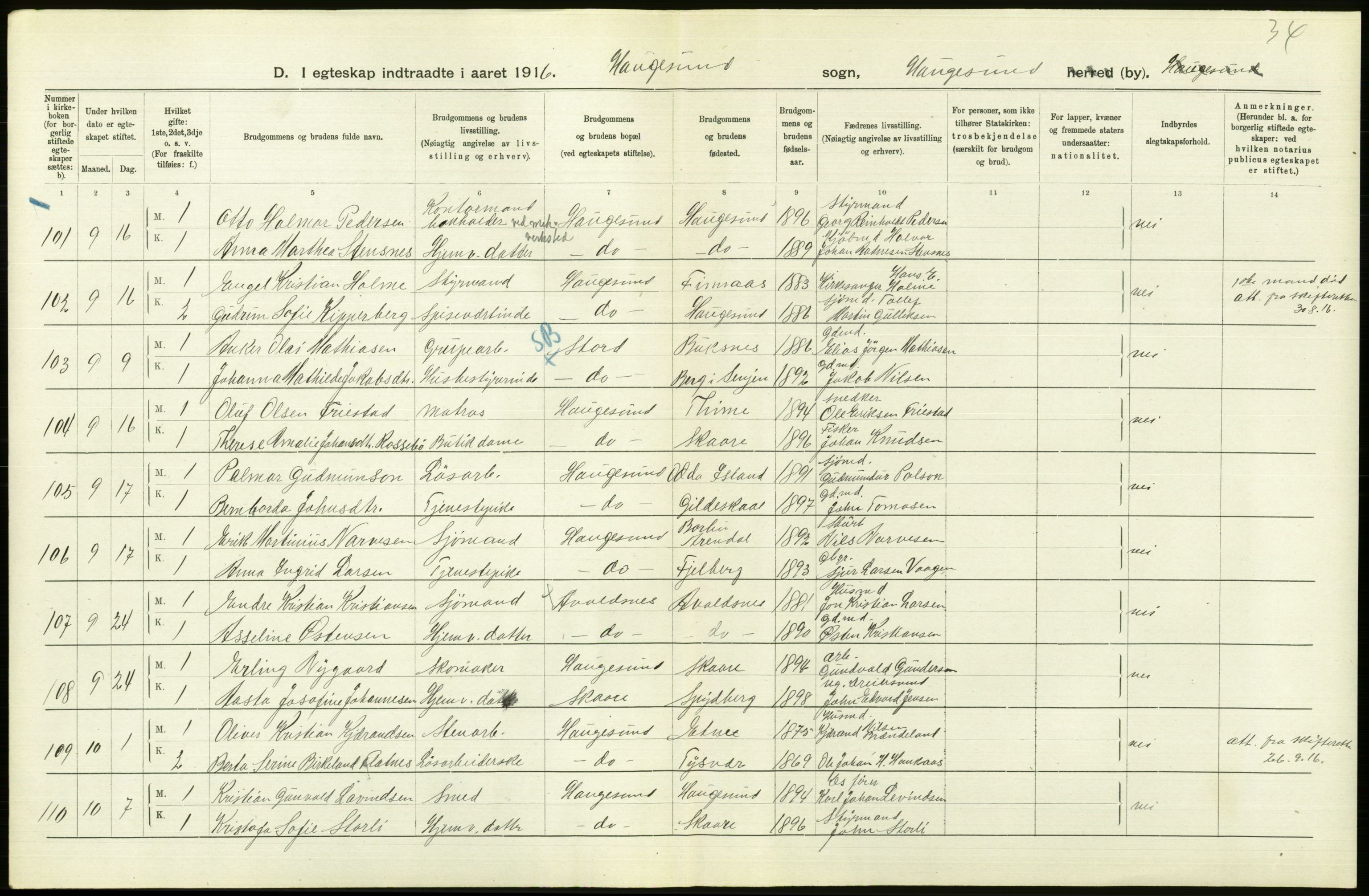 Statistisk sentralbyrå, Sosiodemografiske emner, Befolkning, AV/RA-S-2228/D/Df/Dfb/Dfbf/L0031: Stavanger amt: Gifte. Bygder og byer., 1916, s. 312