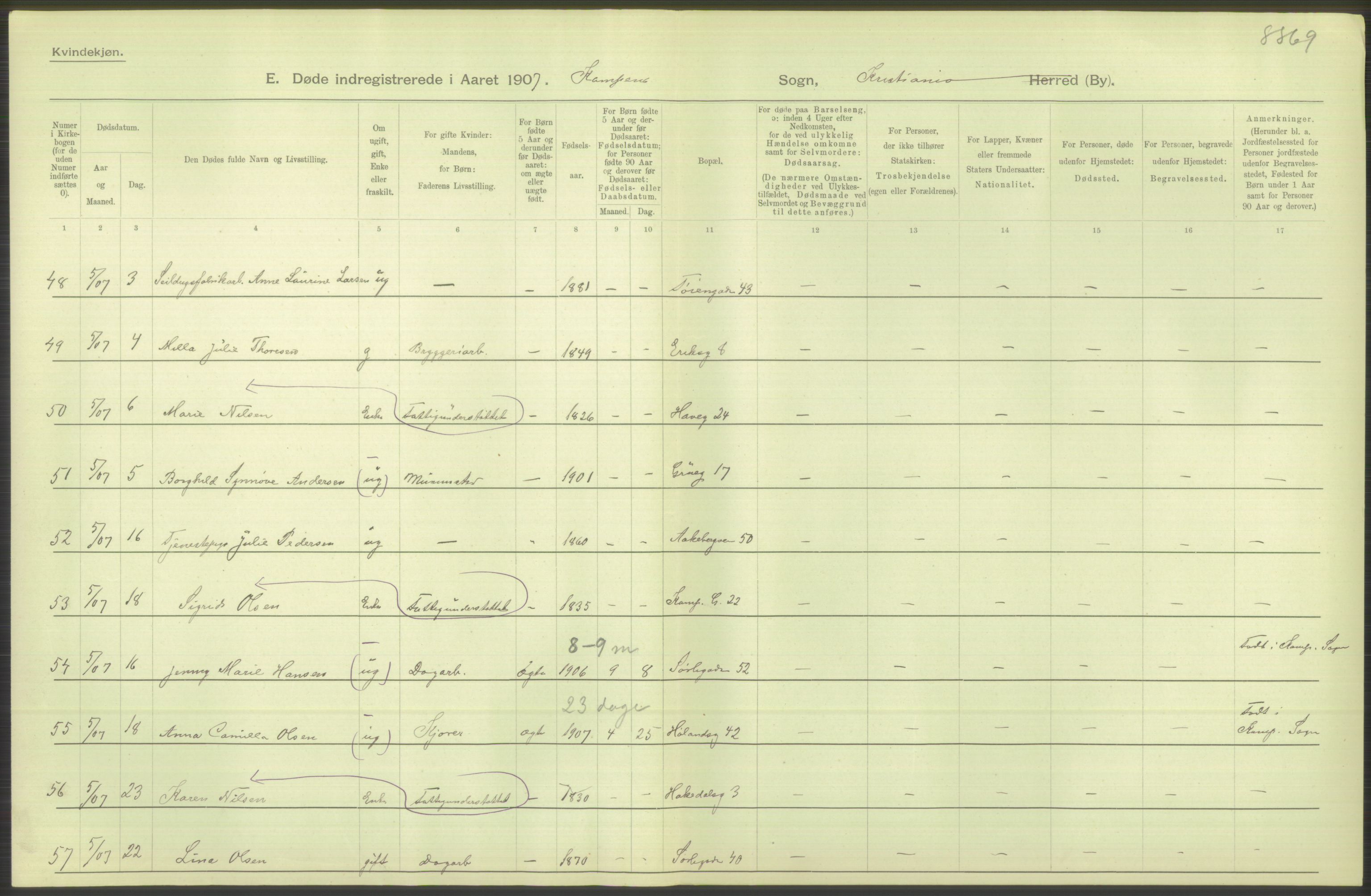 Statistisk sentralbyrå, Sosiodemografiske emner, Befolkning, AV/RA-S-2228/D/Df/Dfa/Dfae/L0009: Kristiania: Døde, 1907, s. 482