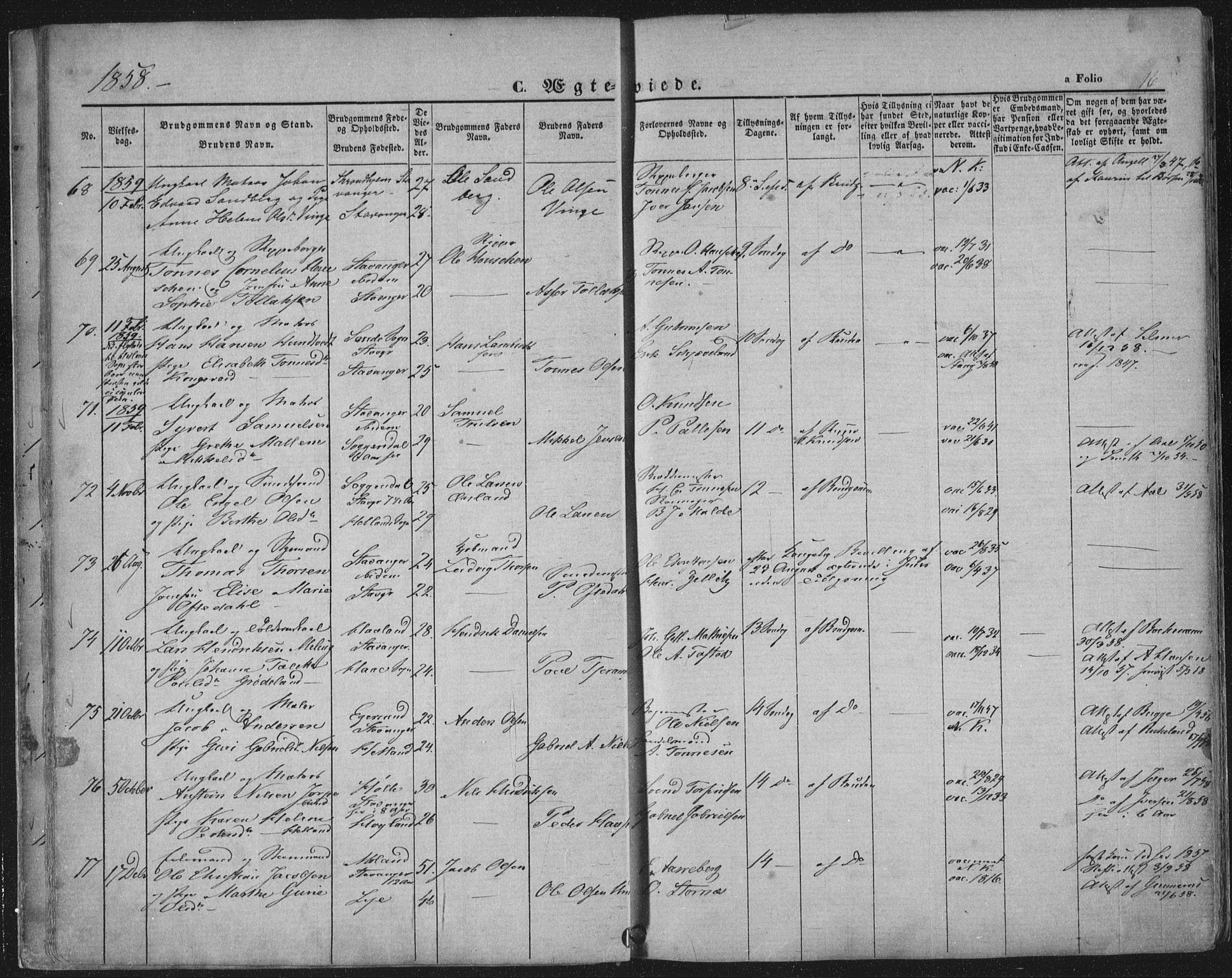 Domkirken sokneprestkontor, AV/SAST-A-101812/001/30/30BA/L0019: Ministerialbok nr. A 18, 1857-1877, s. 16