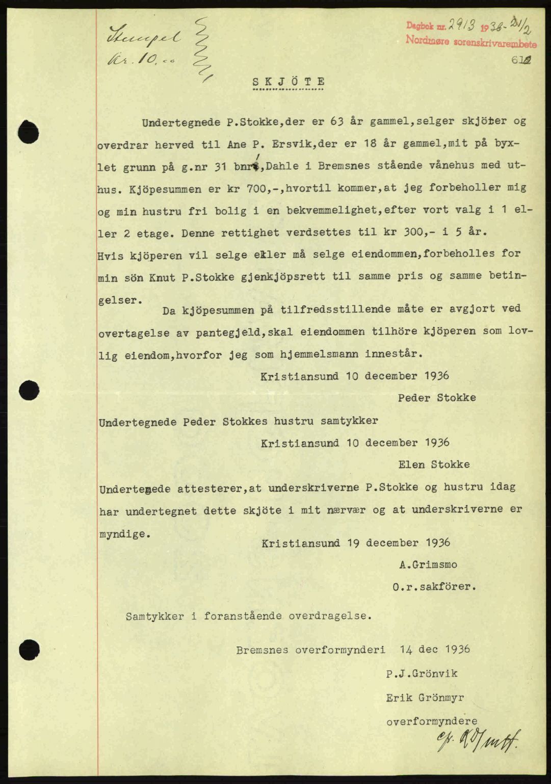 Nordmøre sorenskriveri, SAT/A-4132/1/2/2Ca: Pantebok nr. A80, 1936-1937, Dagboknr: 2913/1936