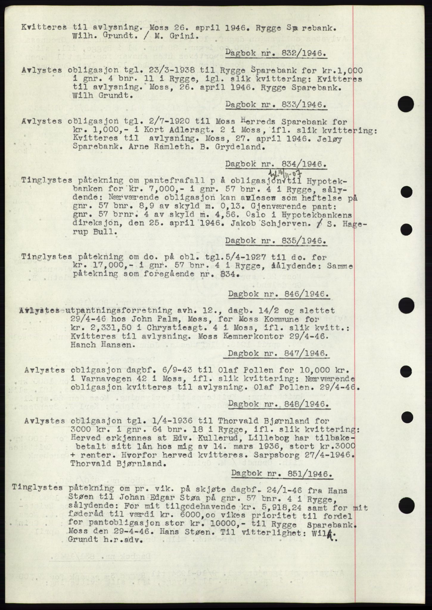Moss sorenskriveri, SAO/A-10168: Pantebok nr. C10, 1938-1950, Dagboknr: 832/1946