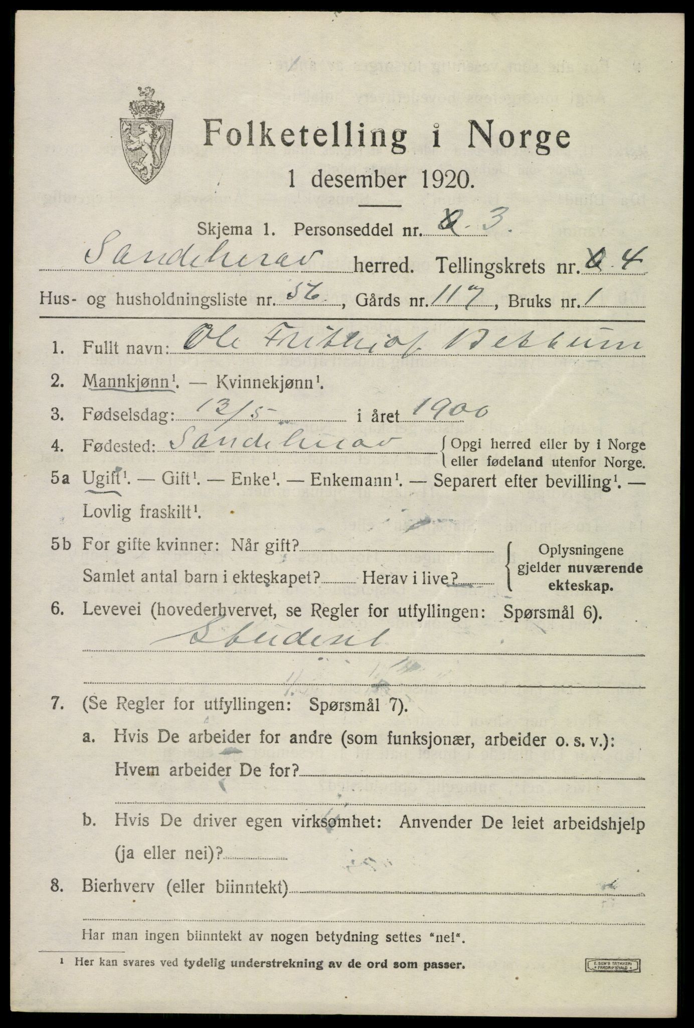 SAKO, Folketelling 1920 for 0724 Sandeherred herred, 1920, s. 10326