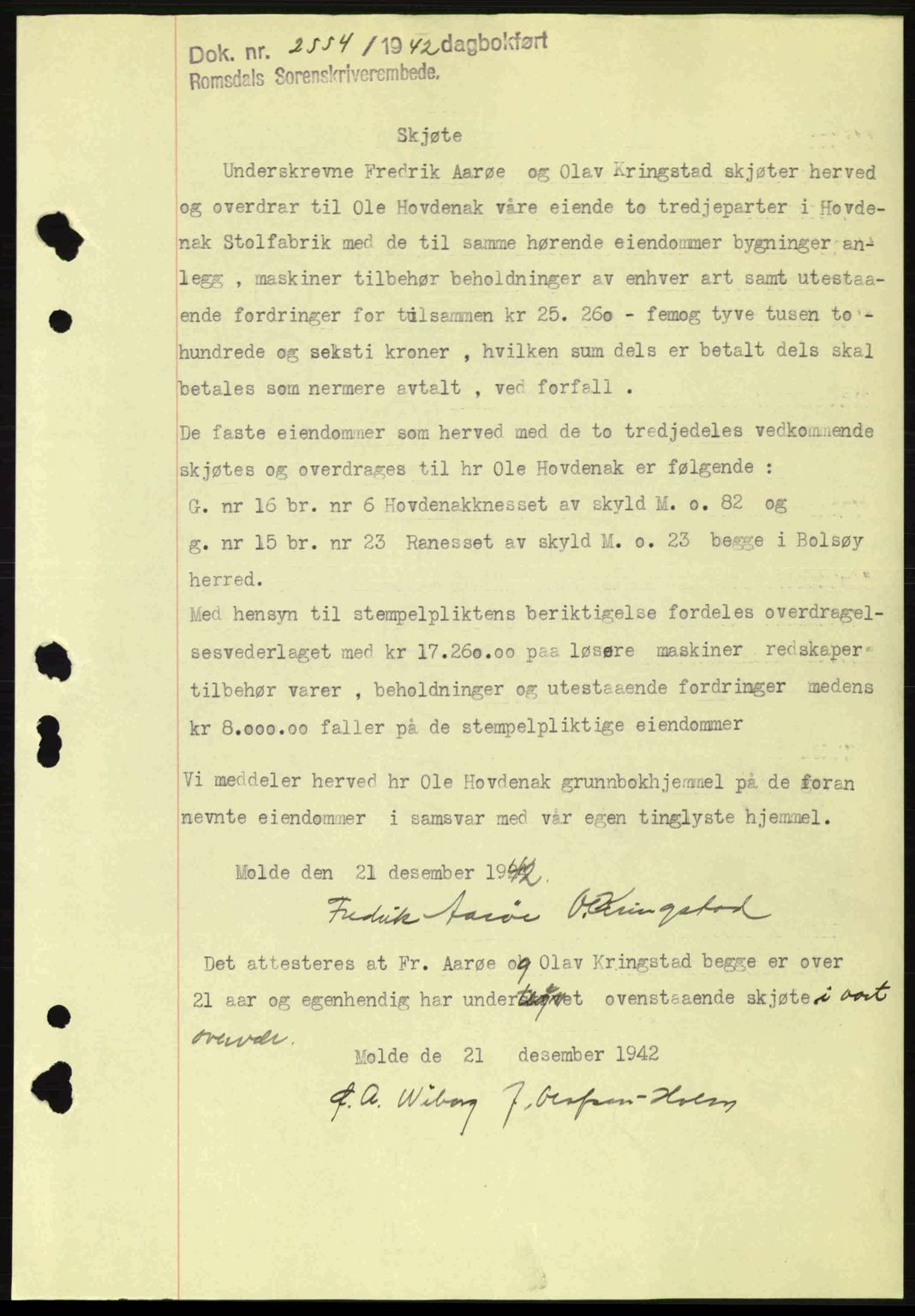 Romsdal sorenskriveri, SAT/A-4149/1/2/2C: Pantebok nr. A13, 1942-1943, Dagboknr: 2554/1942