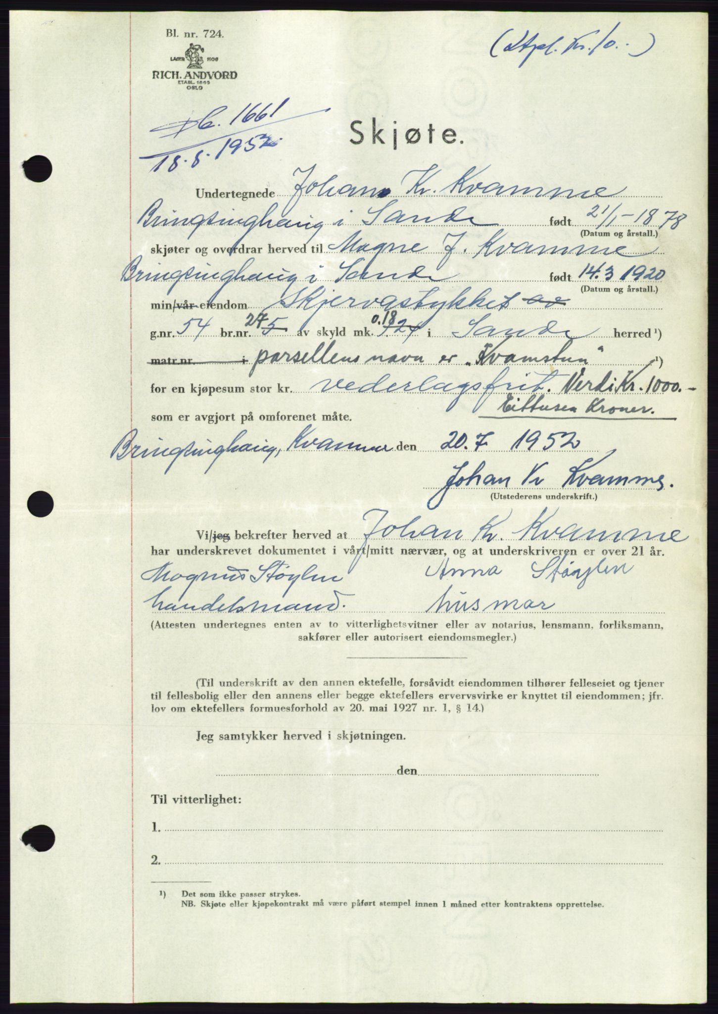 Søre Sunnmøre sorenskriveri, AV/SAT-A-4122/1/2/2C/L0092: Pantebok nr. 18A, 1952-1952, Dagboknr: 1661/1952