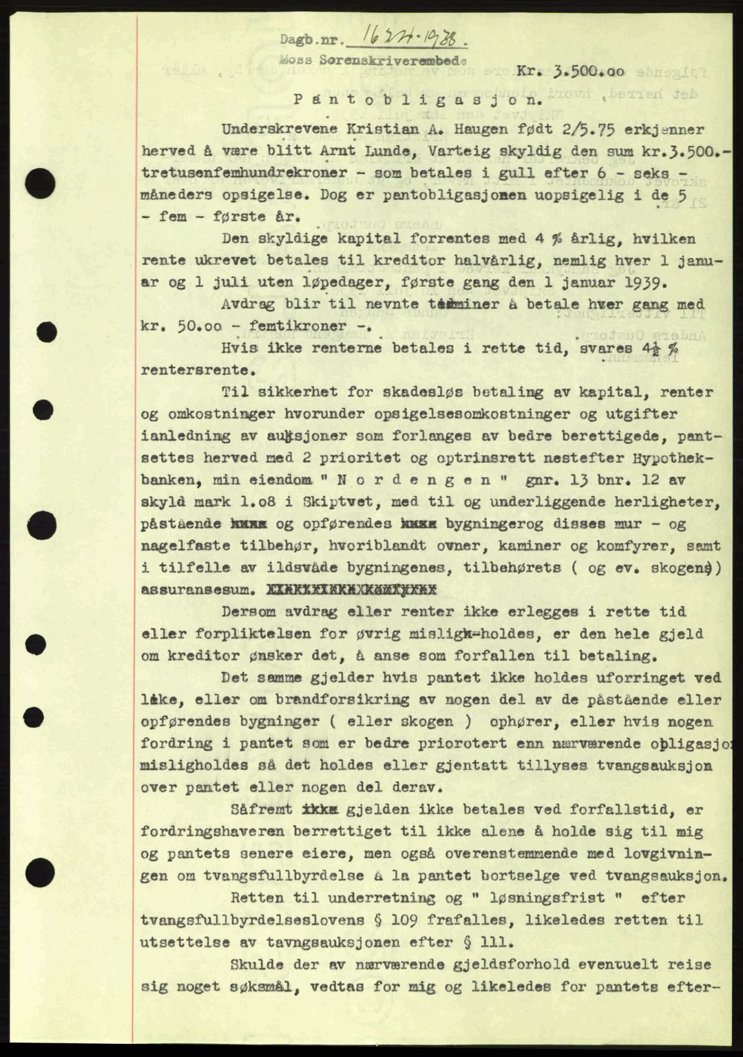 Moss sorenskriveri, SAO/A-10168: Pantebok nr. B6, 1938-1938, Dagboknr: 1624/1938