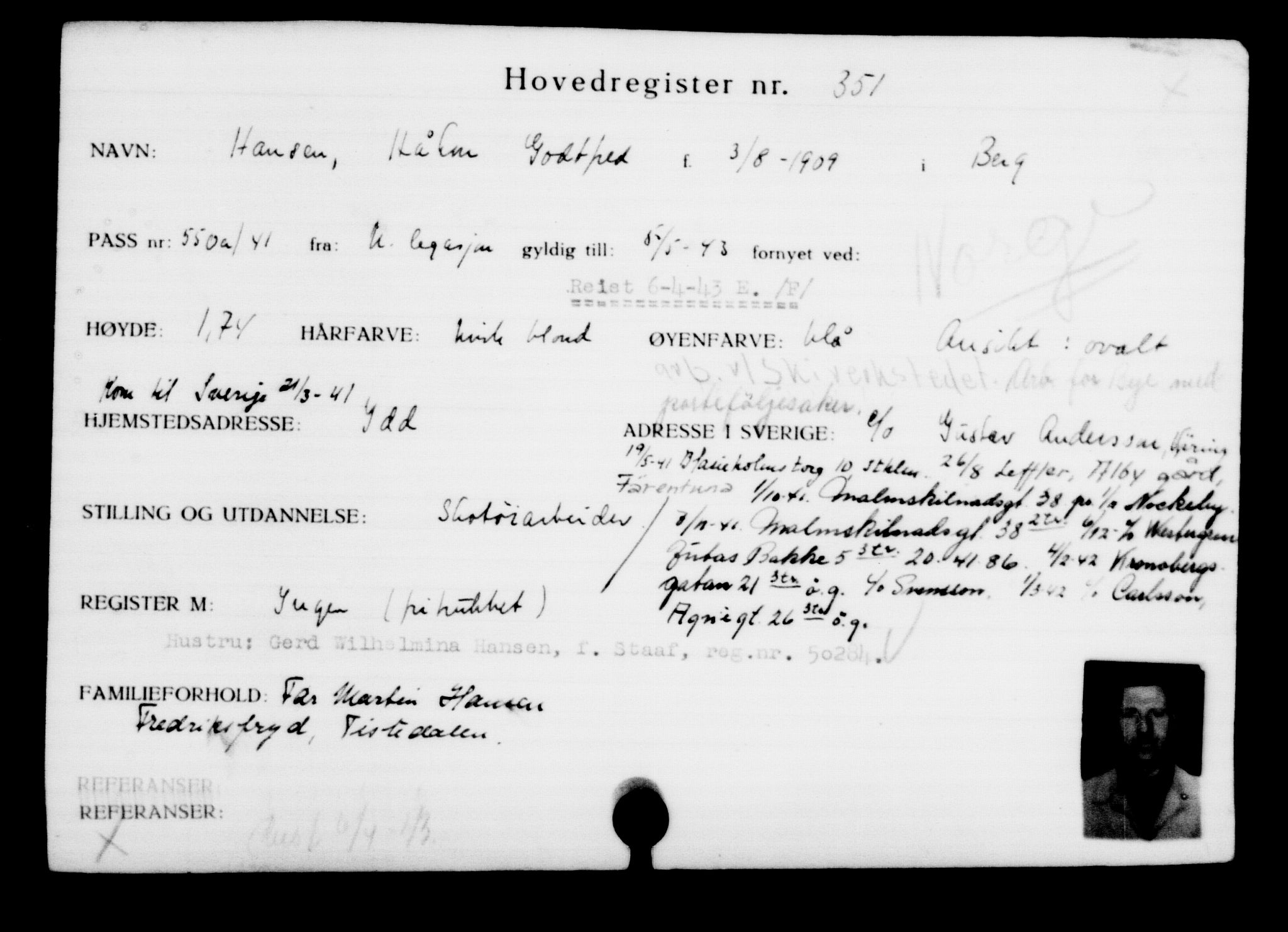 Utenriksstasjonene, Legasjonen i Stockholm, Flyktningkontoret, AV/RA-S-6753/V/Va/L0001: Kjesäterkartoteket, flyktninger med registreringsnr. 1-1000, 1940-1945, s. 554