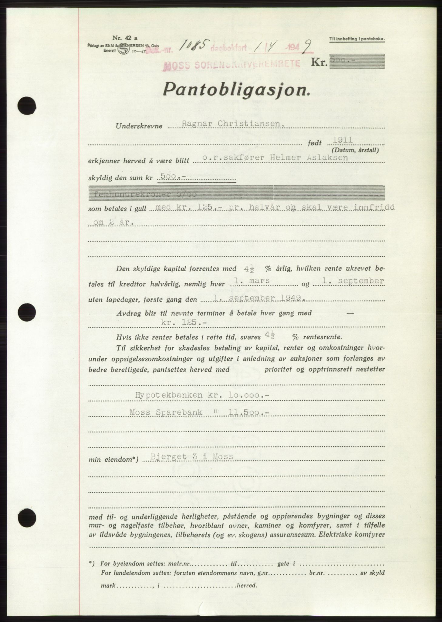 Moss sorenskriveri, SAO/A-10168: Pantebok nr. B21, 1949-1949, Dagboknr: 1085/1949