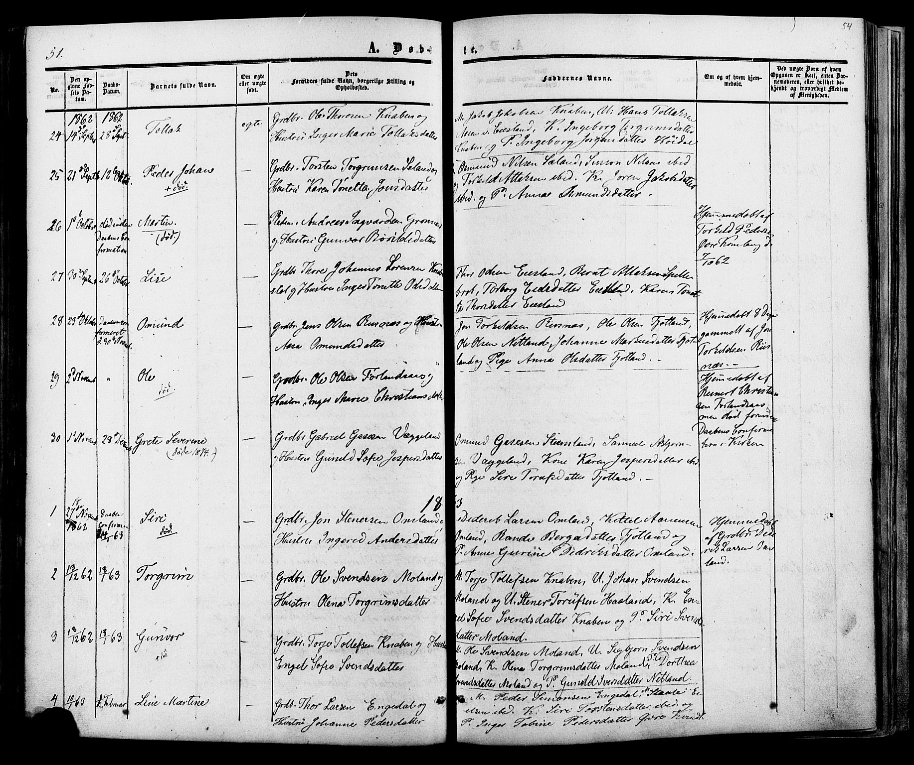 Fjotland sokneprestkontor, AV/SAK-1111-0010/F/Fa/L0001: Ministerialbok nr. A 1, 1850-1879, s. 54