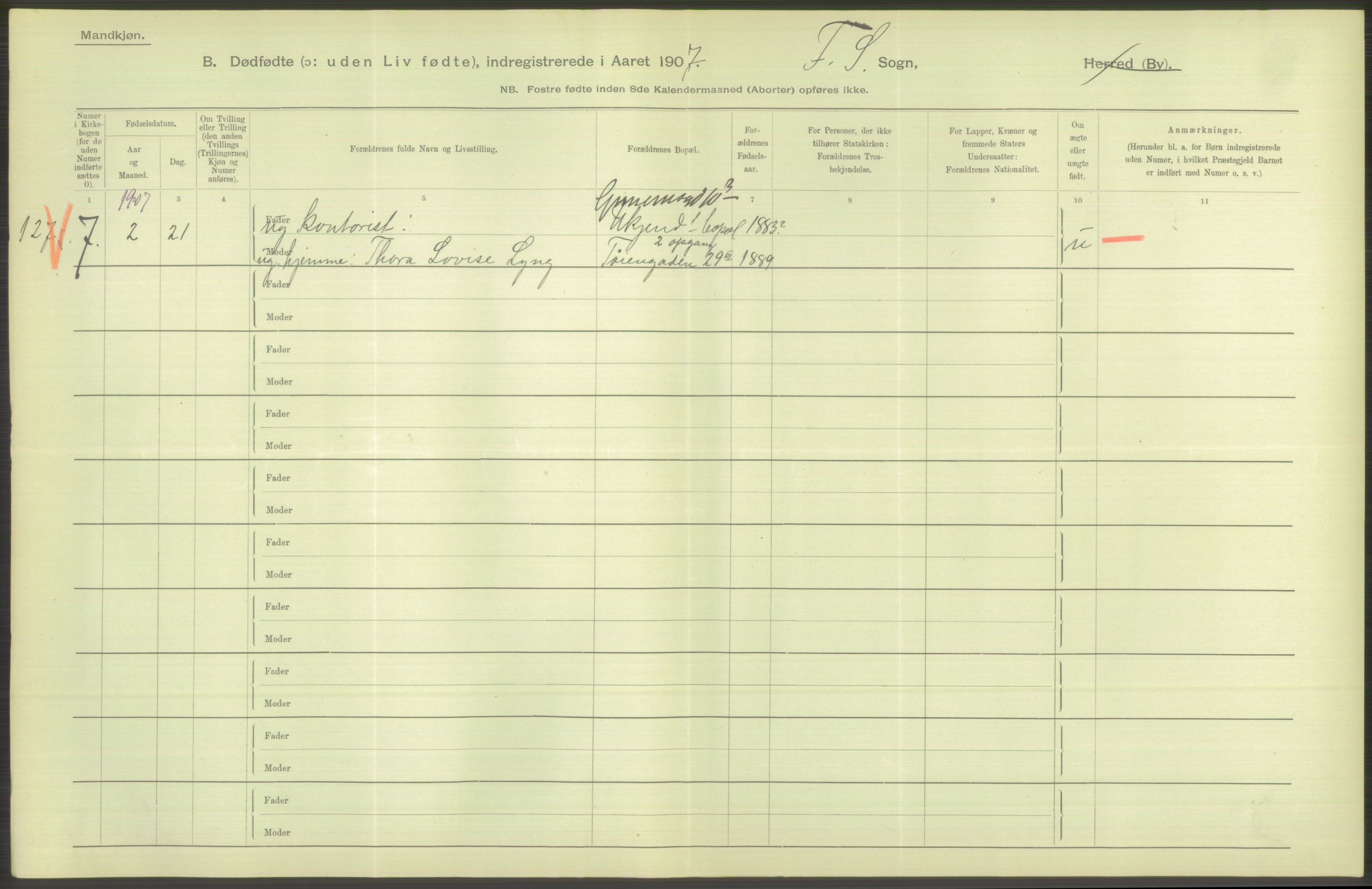 Statistisk sentralbyrå, Sosiodemografiske emner, Befolkning, RA/S-2228/D/Df/Dfa/Dfae/L0010: Kristiania: Døde, dødfødte, 1907, s. 40