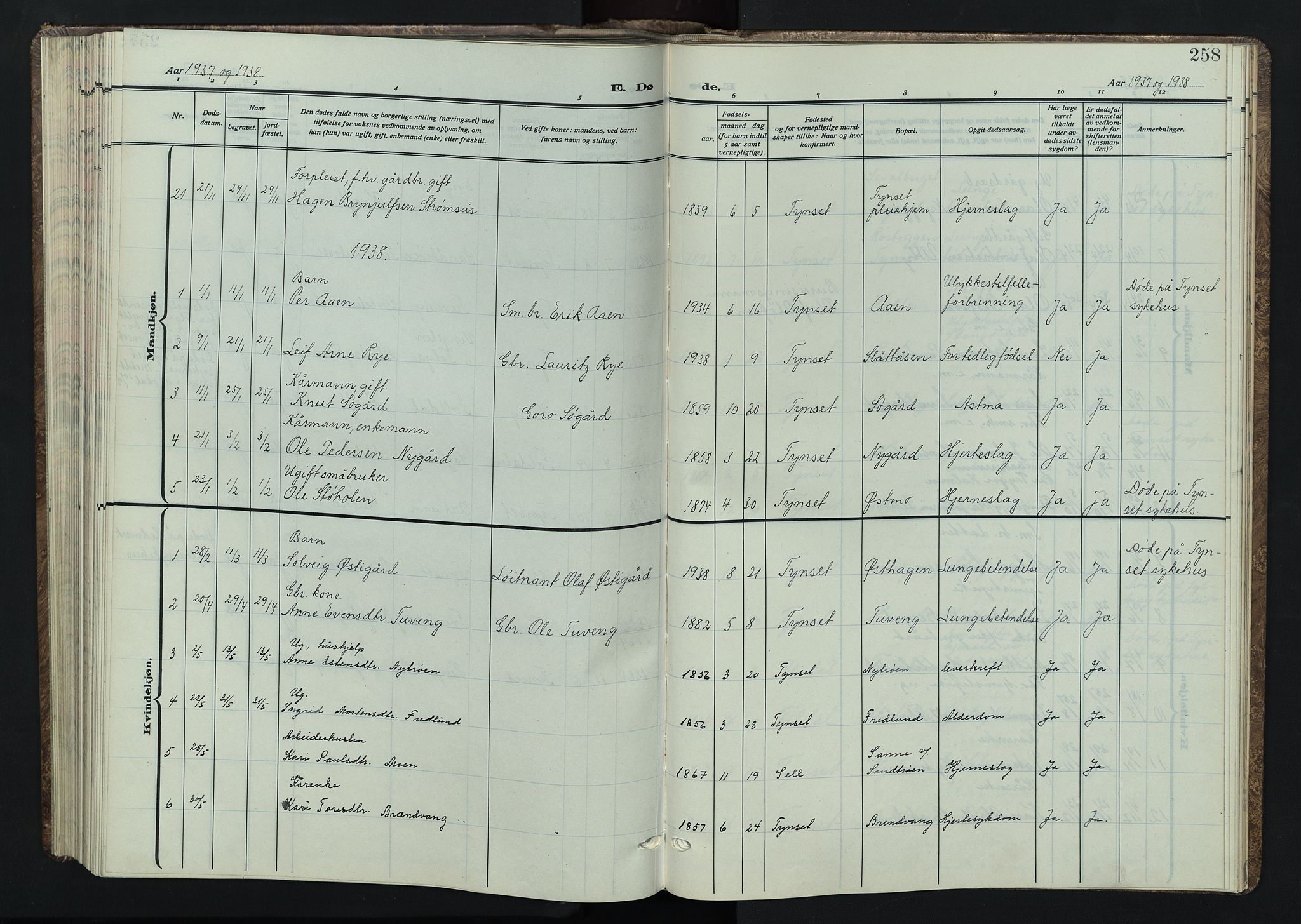Tynset prestekontor, AV/SAH-PREST-058/H/Ha/Hab/L0012: Klokkerbok nr. 12, 1930-1944, s. 258