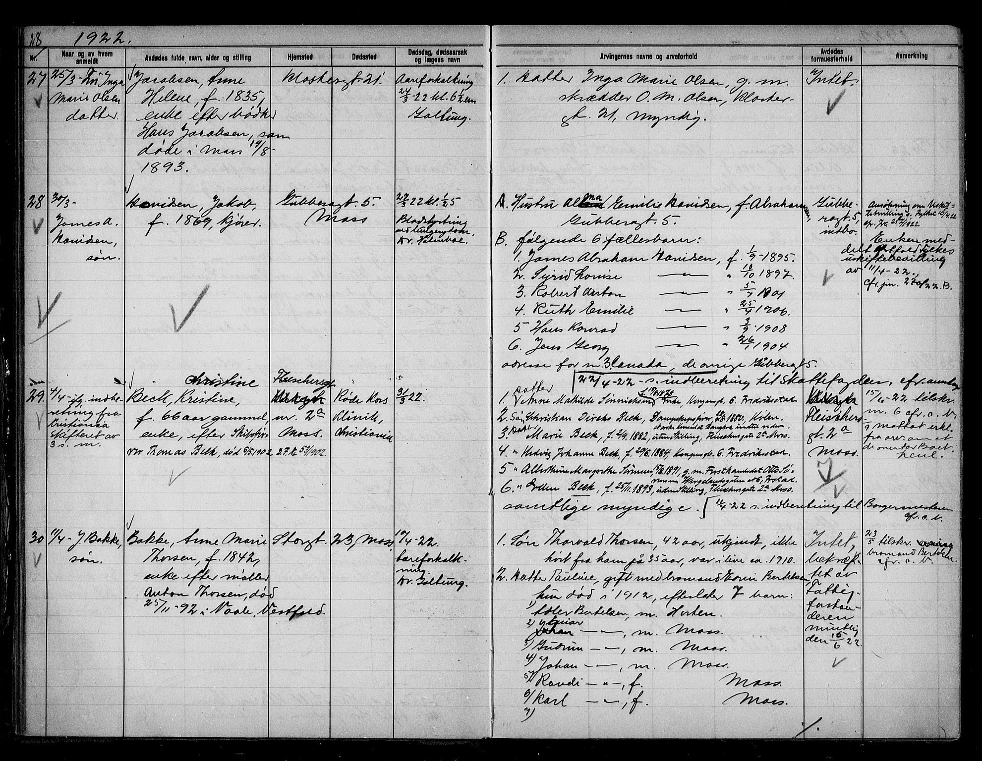 Moss byfogd, AV/SAO-A-10863/H/Ha/Hab/L0006: Dødsanmeldelsesprotokoll, 1921-1931, s. 28