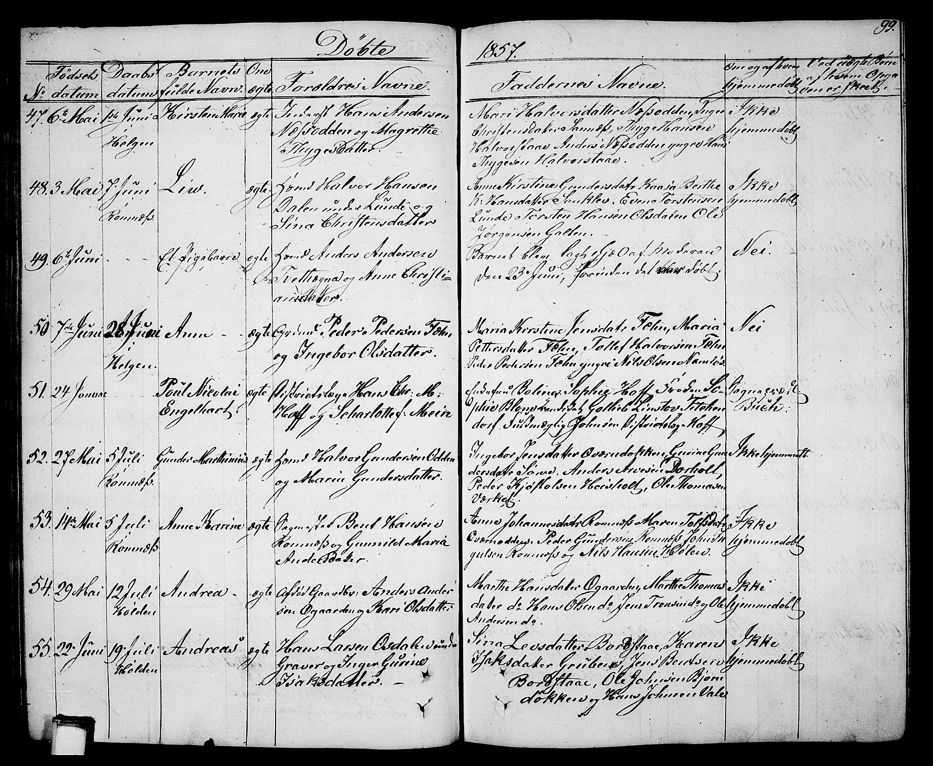 Holla kirkebøker, AV/SAKO-A-272/G/Ga/L0003: Klokkerbok nr. I 3, 1849-1866, s. 99